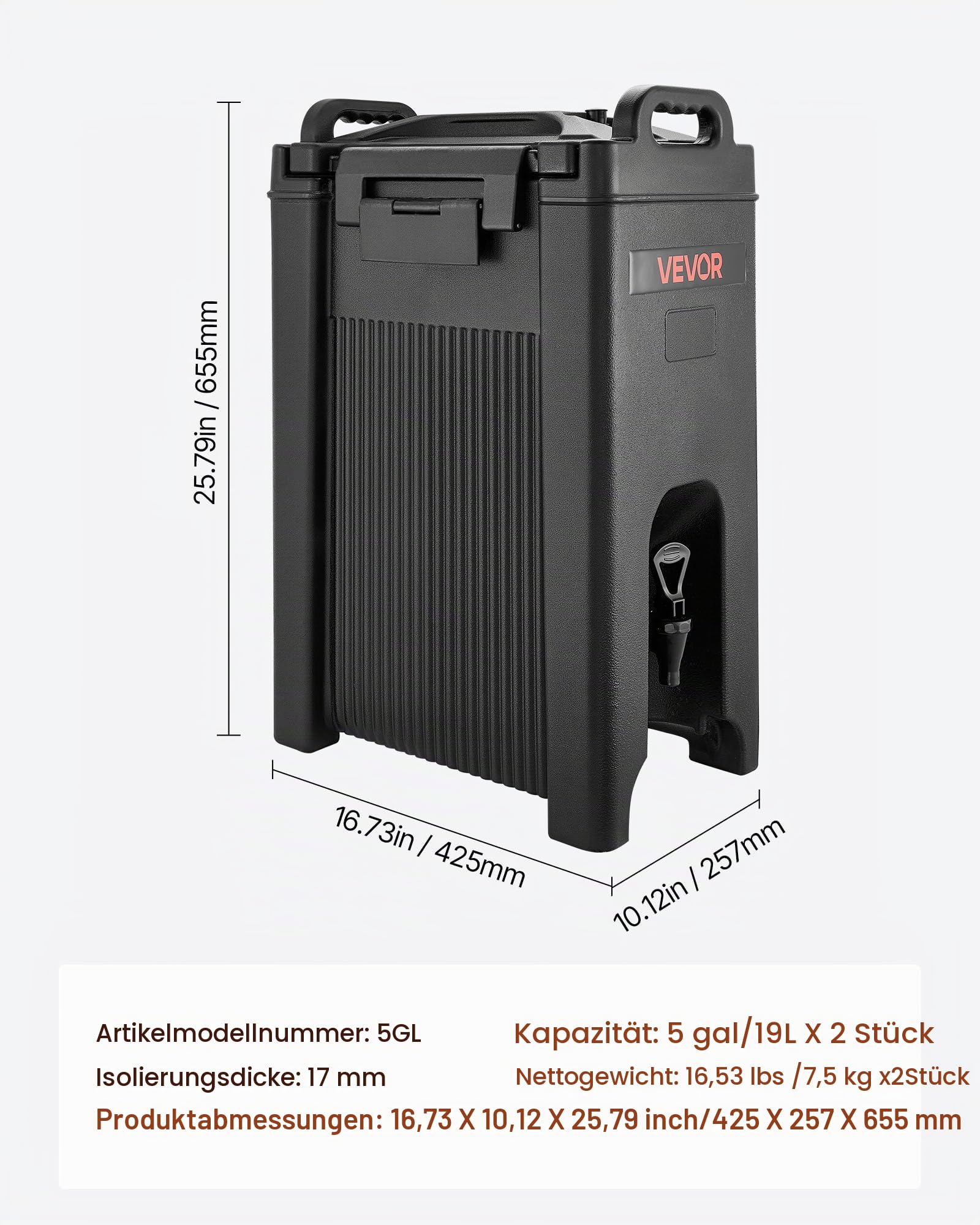 VEVOR isolierter Getränkespender 19 L, Heiß- und Kaltgetränkespender mit Zapfhahn & Griff, lebensmittelechter Thermo-Getränkespender-Kühler für Tee Kaffee Wasser in Cafés und Restaurants, Schwarz