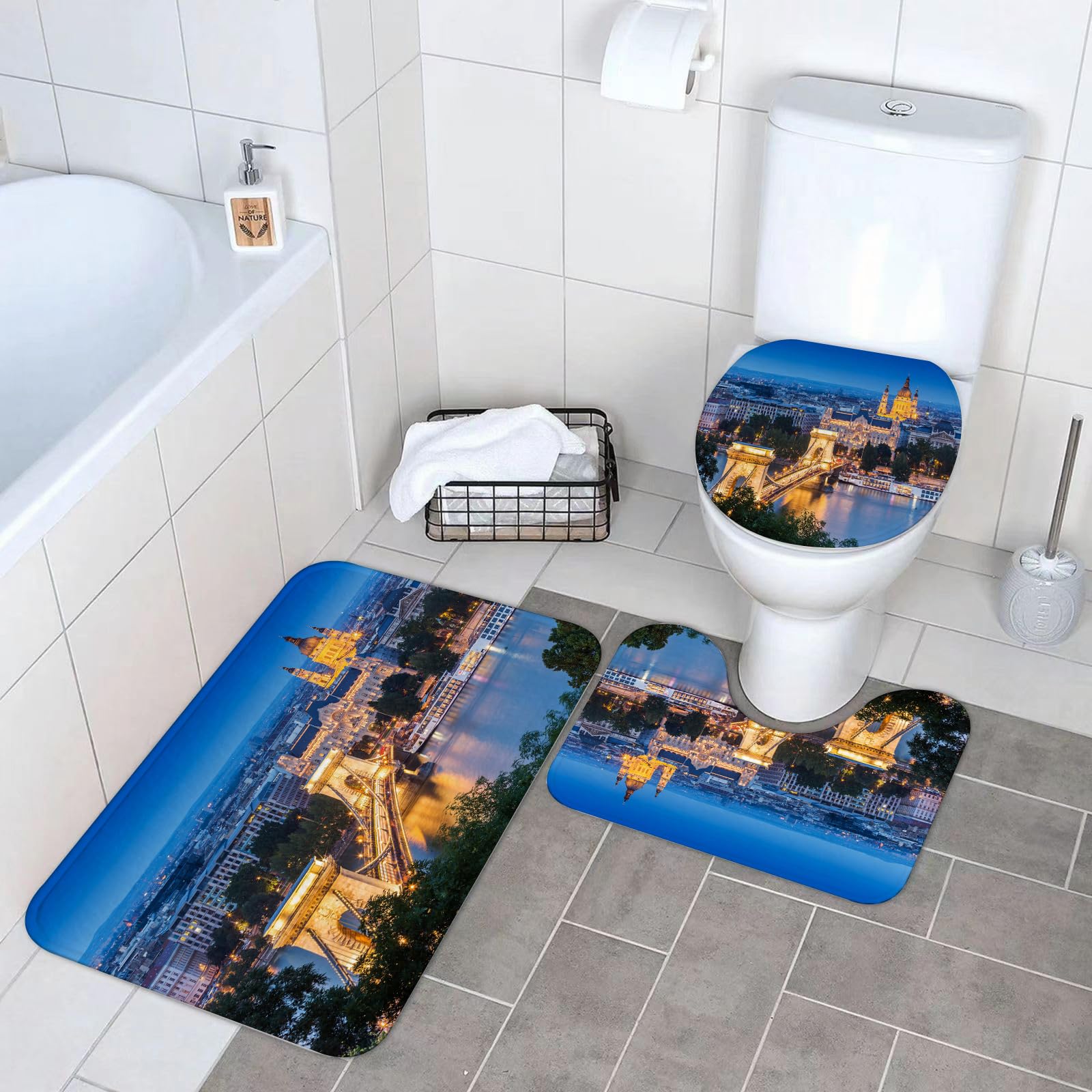 Set di 3 tappetini da Bagno, Lavabili in Lavatrice e Antiscivolo, in Morbida Fibra Superfine, con Vista sul Centro di Budapest Attraverso Il Danubio e sullo splendido Panorama urba