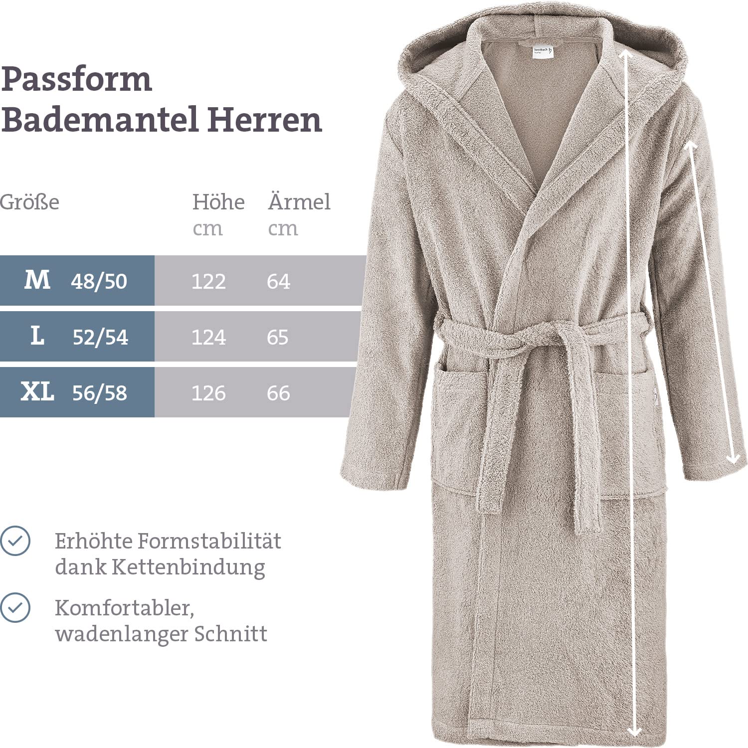 Herzbach Home Bademantel Herren Kapuze Baumwolle Frottee lang