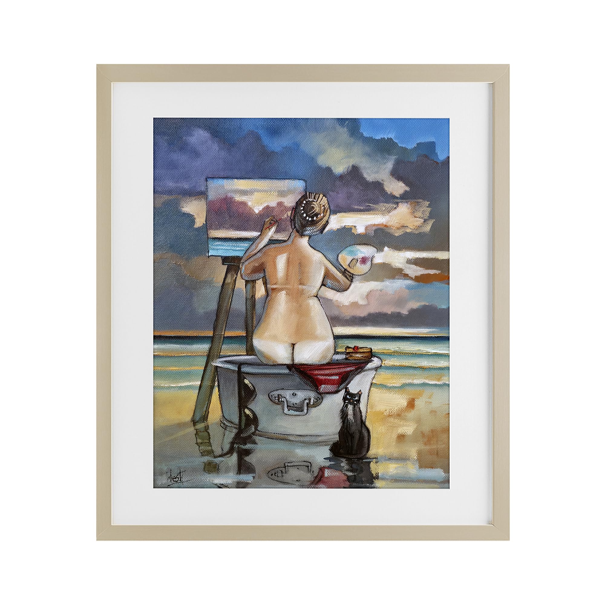 Stupell Industries Stormy Seascape Bath Time 'Painting Up A Storm', Framed Print Under Glass, Brown, 13 X 16 Inches, Easy To Hang And Sturdy, Made In Usa, By Ronald West
