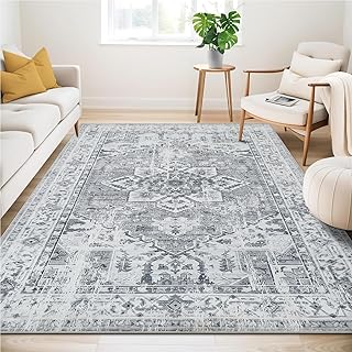 Guchuang Bedding Washable Rugs Living Room Area Rugs Grey Vintage Boho Rugs Large Non Slip Carpet Moroccan Short Pile Rug for Bedroom Dining Room Kitchen Soft Faux Wool Rug 160x230cm