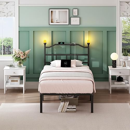 Marco de Cama Twin XL con Cabecero, Marco de Cama de Metal de 14 Pulgadas con Luces Nocturnas de Entretenimiento, Enchufes y USB, Plataforma de