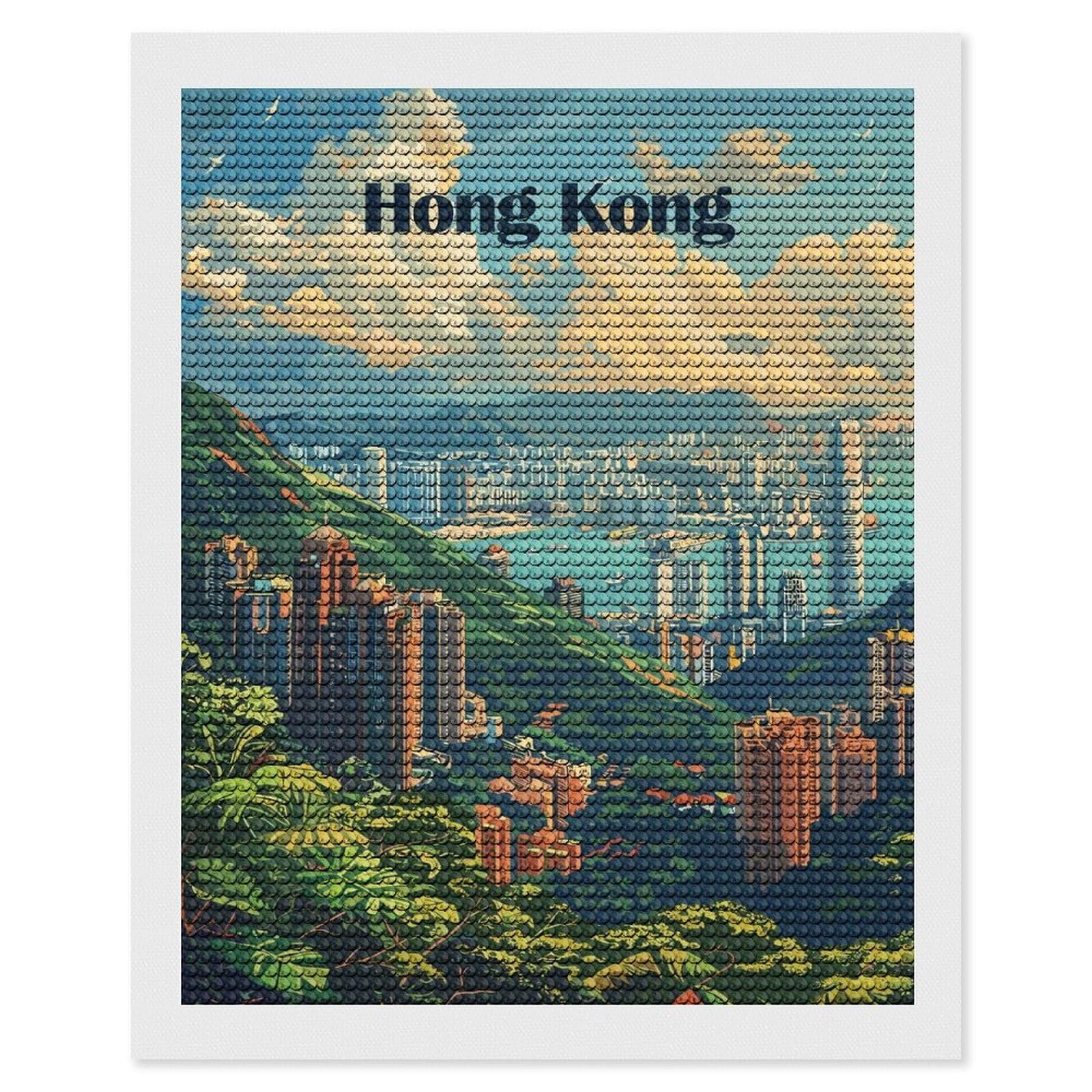 Junmoney Hong Kong Cityscape Illustration Diamond Painting Kit 16"x20", Thoughtful Handmade Gift, for Creative Relaxation, Printed Canvas, Cosy Home Accent