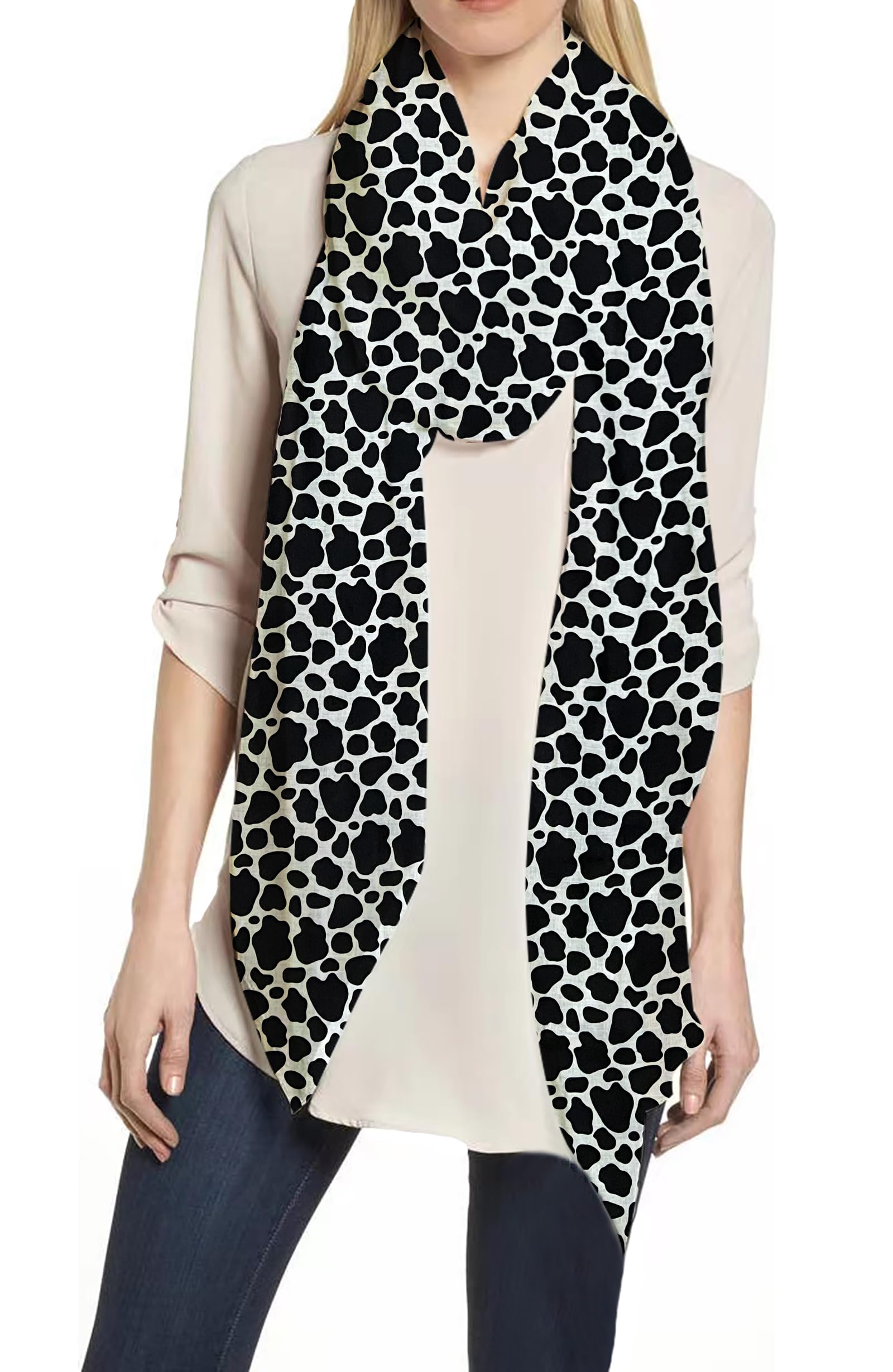Lina & Lily Cow Animal Print Women's Scarf Shawl Wrap Lightweight (Black & White)