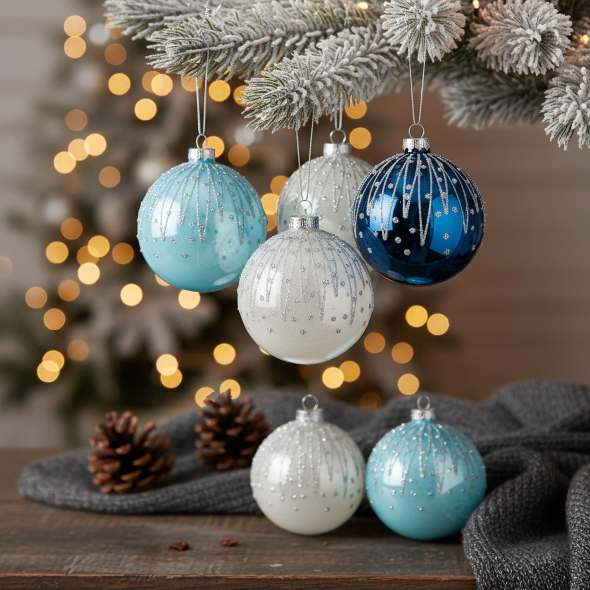 12 Stück/80 mm Glaskugeln, Weihnachtsbaumkugeln, hängende Ornamente, Verschiedene Designs, Weihnachtsbaumschmuck, Blau, Weiß