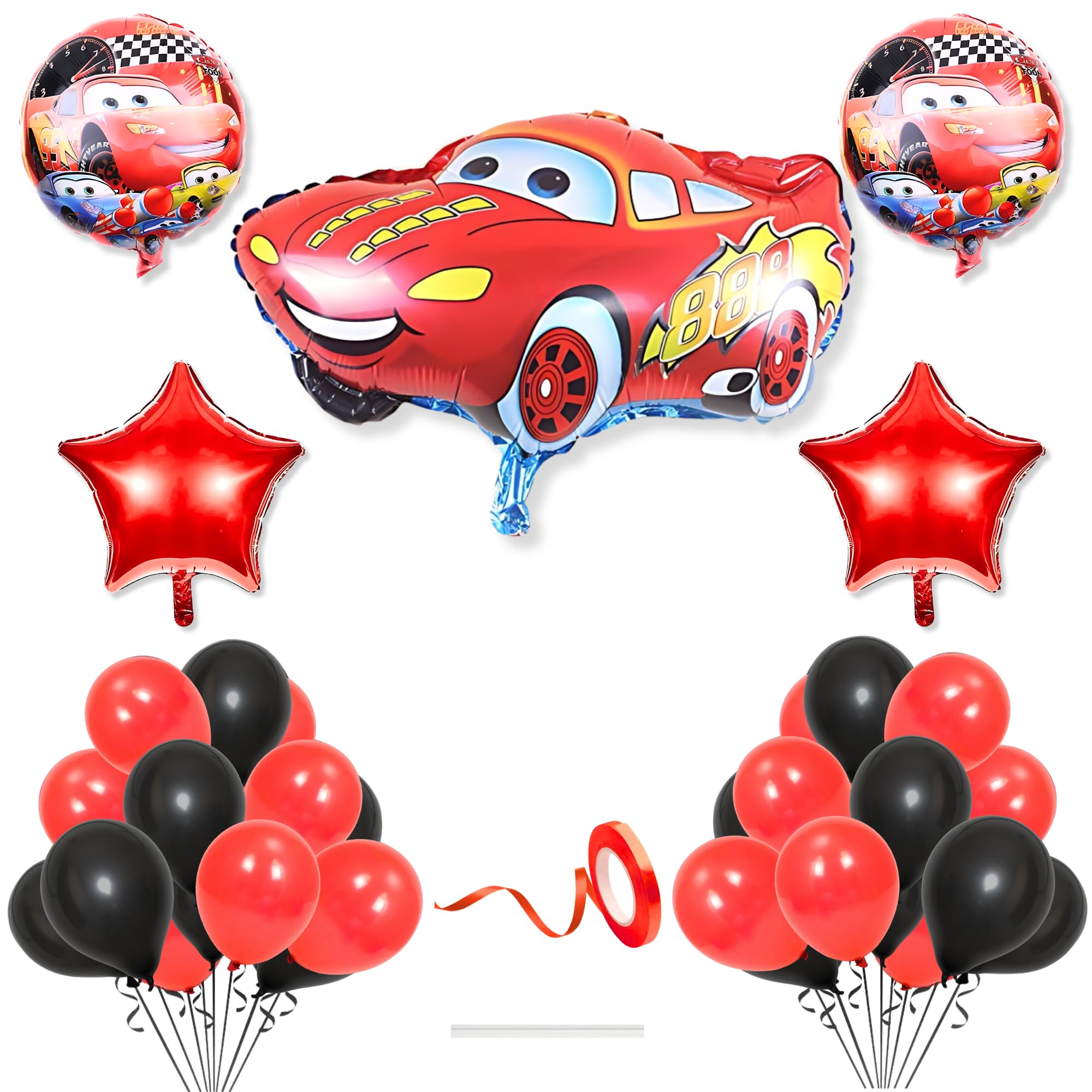 Flyloons Car Theme Decoration for Birthday Red Black Baby Boys Girls Kids 5 Pcs Lightning Macqueen Theme 30 Pcs Metallic Balloons Decoration Kit Set Items 2 Pcs Red Star-image-16