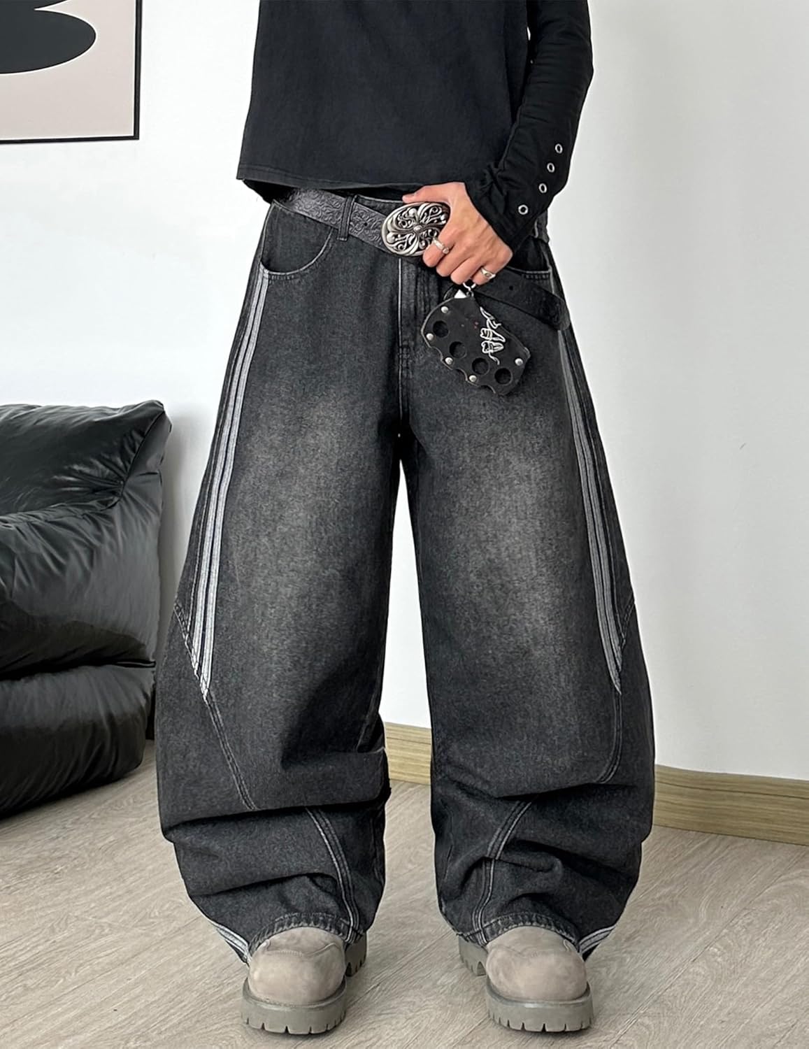 Men's Wide Leg Jeans Irregular Sutures Baggy Pants Loose Fit Skater Jeans Trousers with Pockets - Image 4