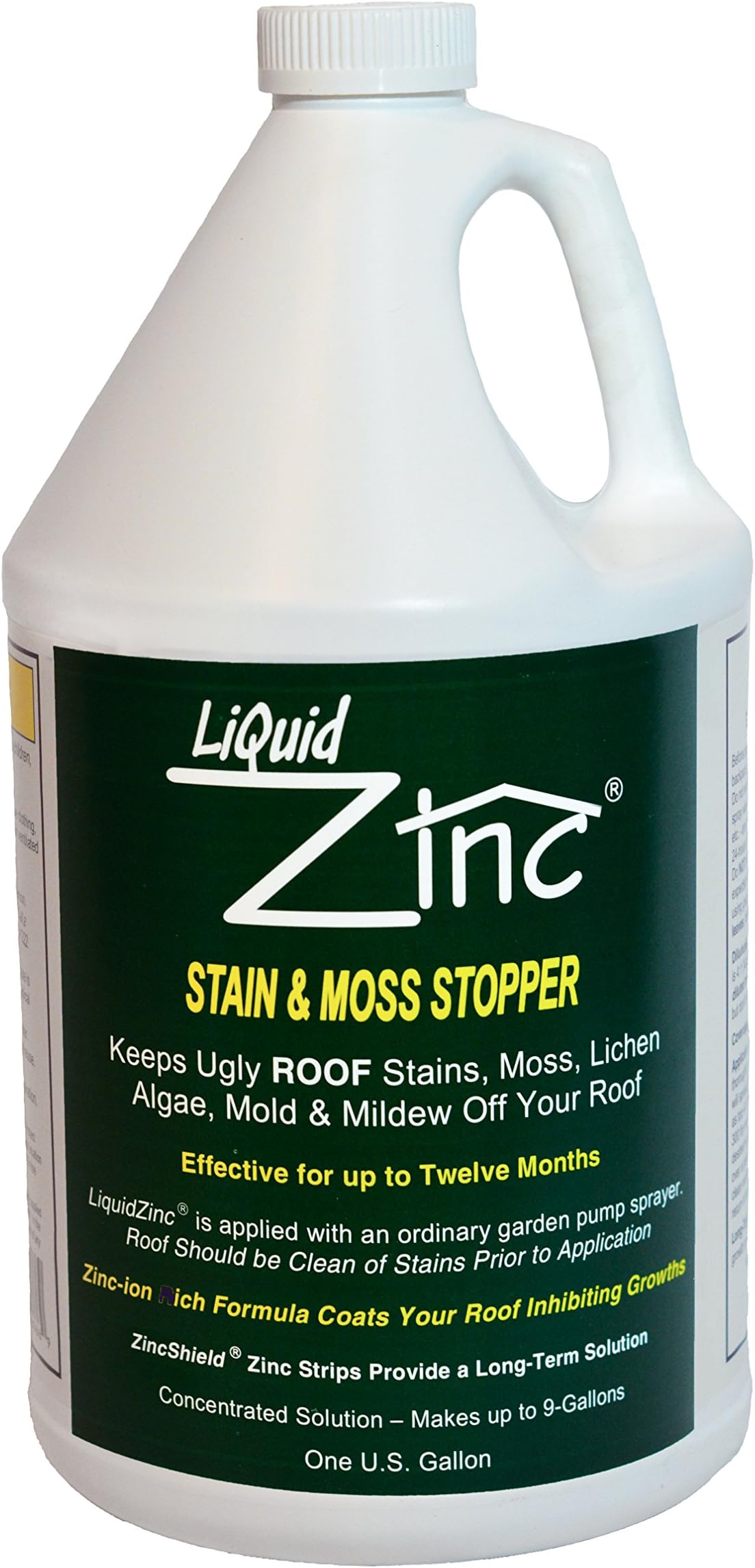 ZincShield LiquidZinc Liquid Roof Protection for Preventing Ugly Roof Stains from Moss, Algae, Fungus, and Mildew (1 Gallon) Made in The USA