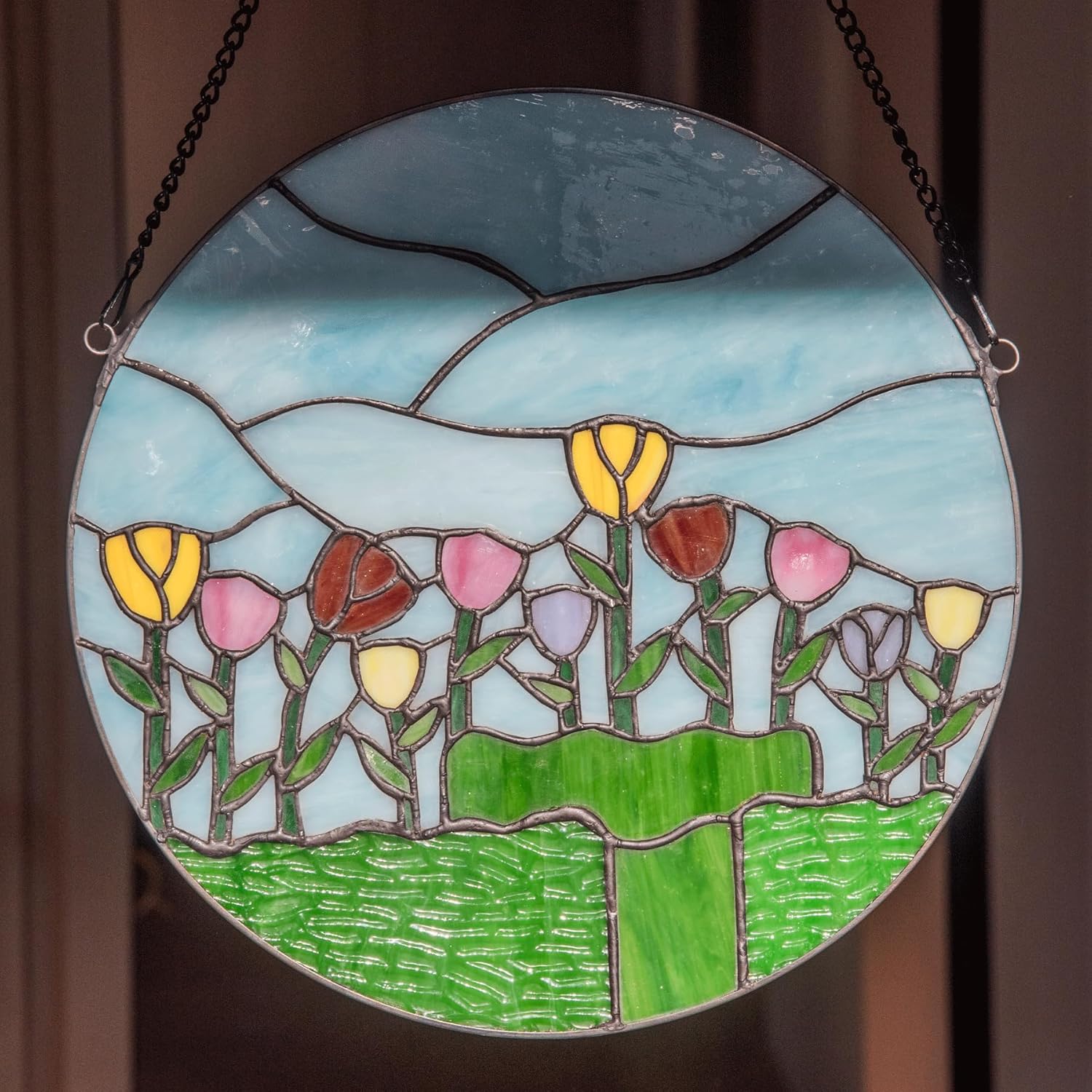 SW Tiffany Style 12" Round Stained Glass Window Haning Suncatcher Panel with Yellow Pink Red Tulip Floral, Decorate Window Door Wall, Sweet Gift for Housewarming Birthday Mother's Day New Year Xmas