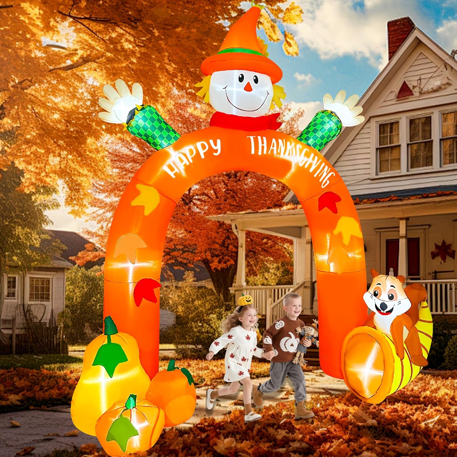 BLOWOUT FUN Thanksgiving Inflatables,10 FT Giant Inflatable Scarecrow Arch with Squirrel Pumpkins Built-in LEDs Thanksgiving Blow Up Yard Decoration for Happy Fall Harvest Archway Patio Outside Autumn