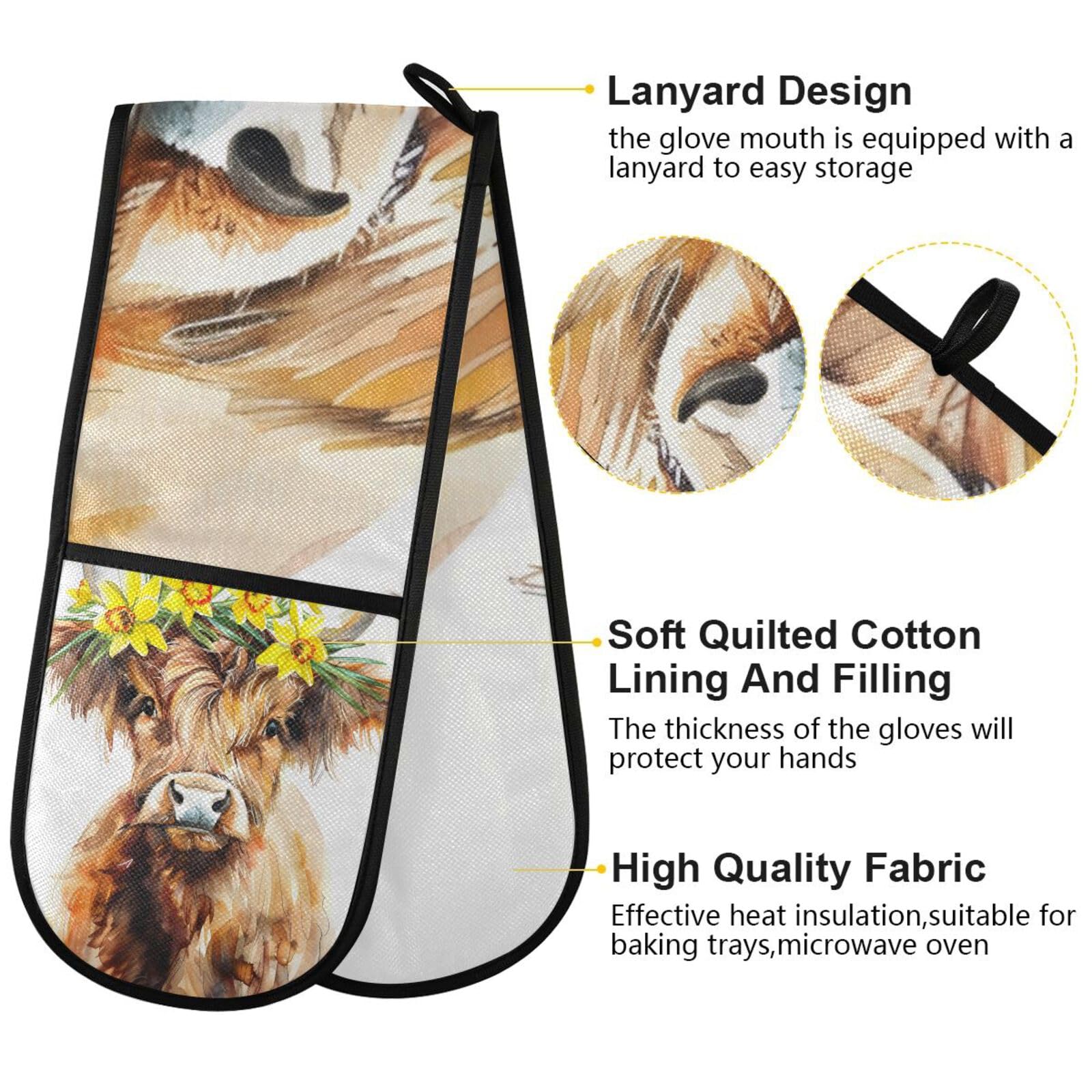 Oven Gloves Double Oven Gloves Cute Watercolor Highland Cow Oven Mitts Pot Holder Heat Resistant Quilted for BBQ Baking Kitchen Cooking Gloves - Image 3