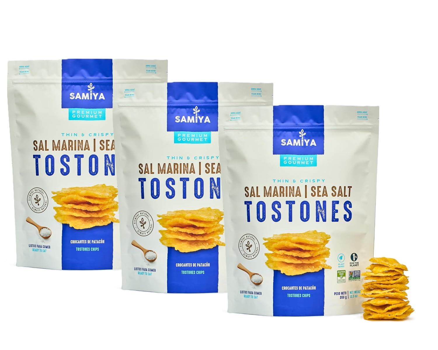 Samiya Plantain Chips | Sea Salt | Crunchy Tostones Snack | All-Natural Gluten-Free NON-GMO Kosher OU | Vegan & Soy-Free | Thin Crispy Plantain Chips | No Artificial Ingredients | 12.3 ounce | 3 Pack