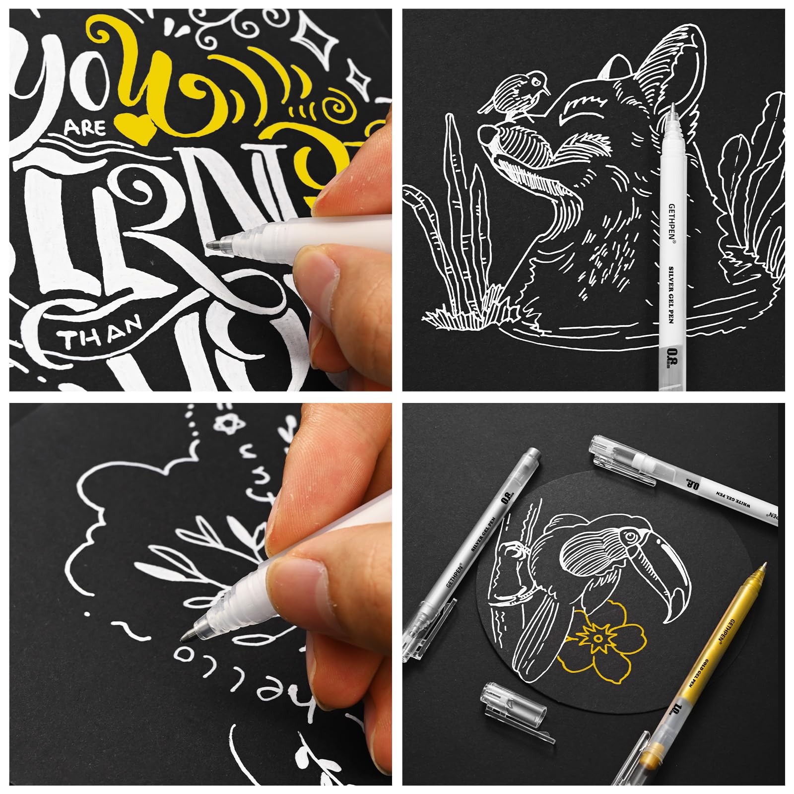 3 Colors Gel Pen Set White Gold Silver 1 0mm Fine Point Gel Ink Pens for Artists Black — view 8