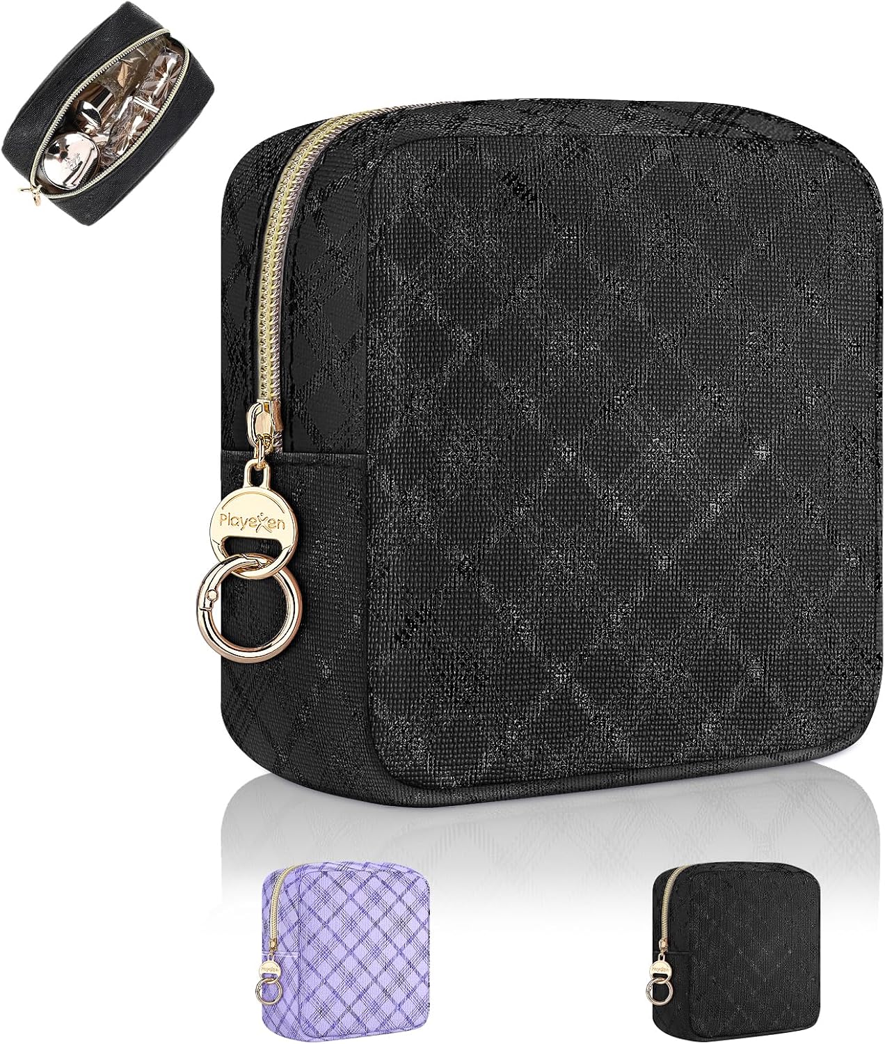 4.9" Small Makeup Bag, Glitter PU Leather Mini Cosmetic Bag for Purse, Portable Small Travel Makeup Pouch for Daily Use, Birthday/Wedding/Christmas Gifts (Black)