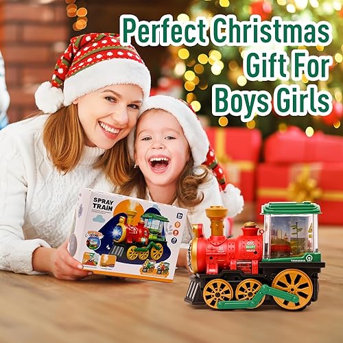 Miniatura 5 de Juguete eléctrico de tren de vapor para niños pequeños de 3 a 5 años, camión Bump and Go con locomotora de vapor, humo, luz y sonido, rotación de