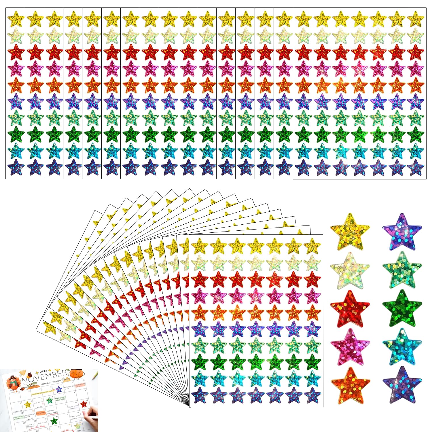 2240pcs Reward Stickers for Children, 10 Assorted Star Stickers, Star Sticker for Reward Chart, Gold Stars Sticker, Label Set Colorful for Children, School, Home, Classroom Teacher Supplies (32Sheets)