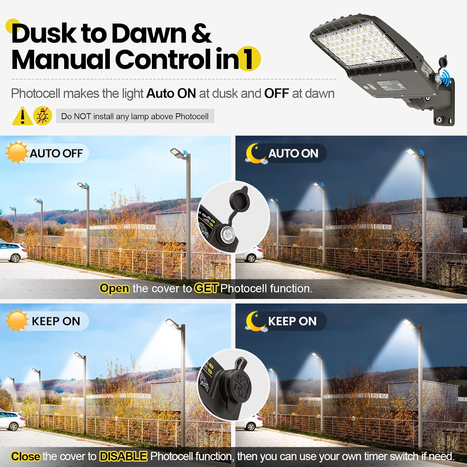 YARBO 200W 180W 150W Selectable LED Parking Lot Light, 32000LM 160LM/W 5000K Dimmable Shoebox Area Light, Dusk to Dawn Photocell, IP65 Waterproof 100-277V for Parking Lot, Arm & Slip Fitter in 1 Mount