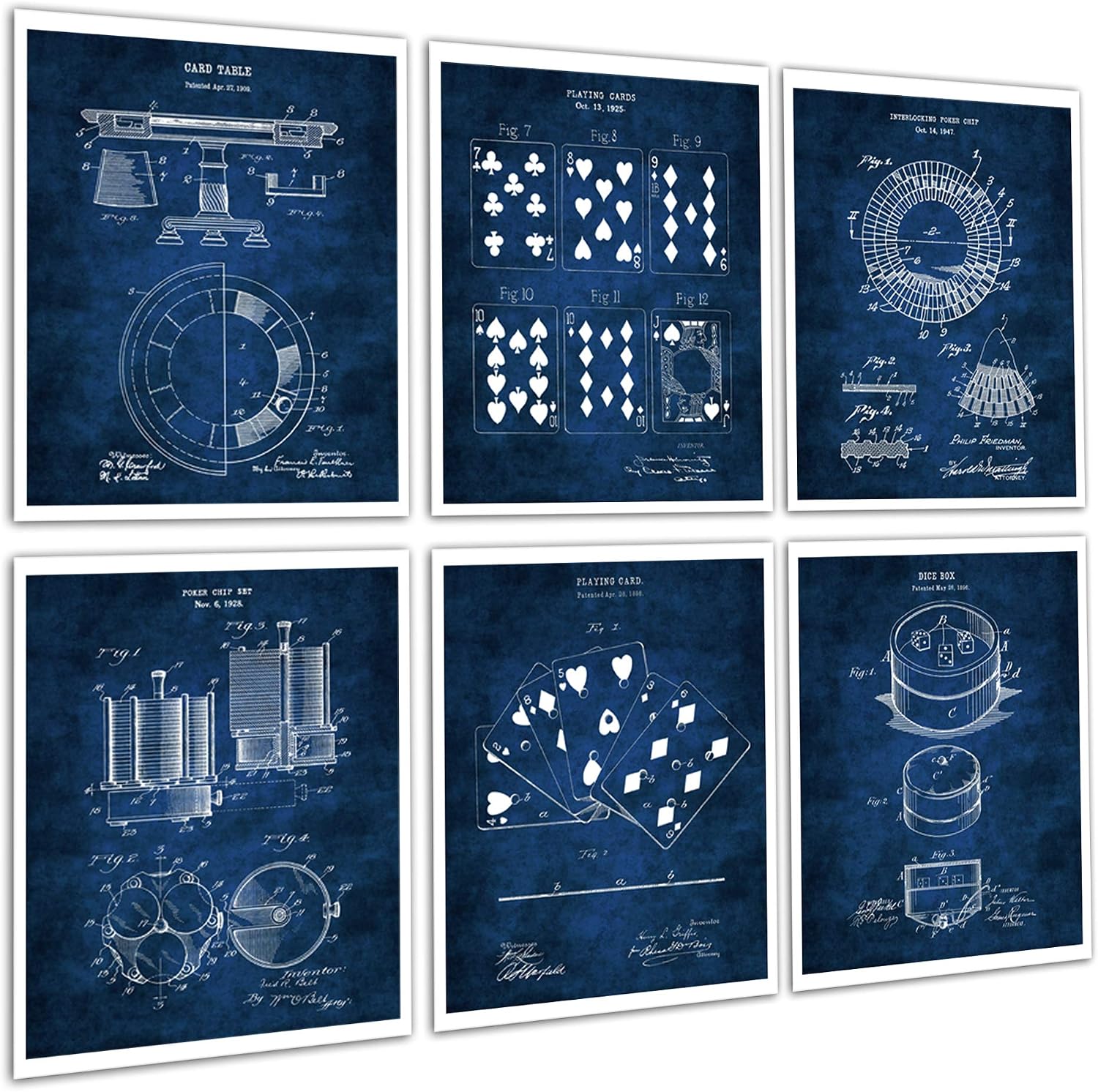 Poker Room Decor Set of 6 Unframed Blue Art Prints
