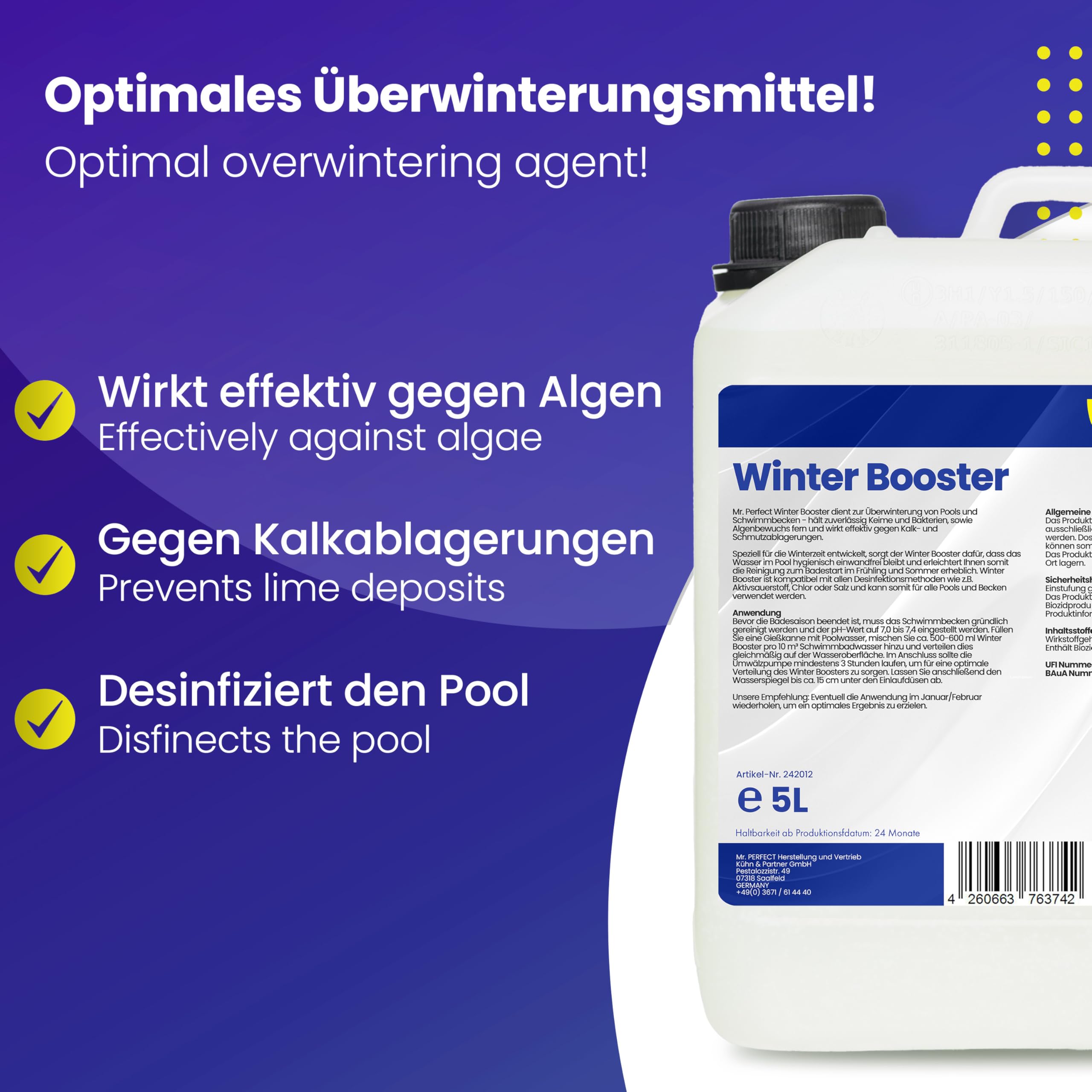 Mr. Perfect® - Effektiver Winter Booster 5L | Pool Wintermittel | Winterschutzmittel für Pools | Wintermittel für Pool | Pool Überwinterungsmittel Algizid | Einfache Winter Poolpflege