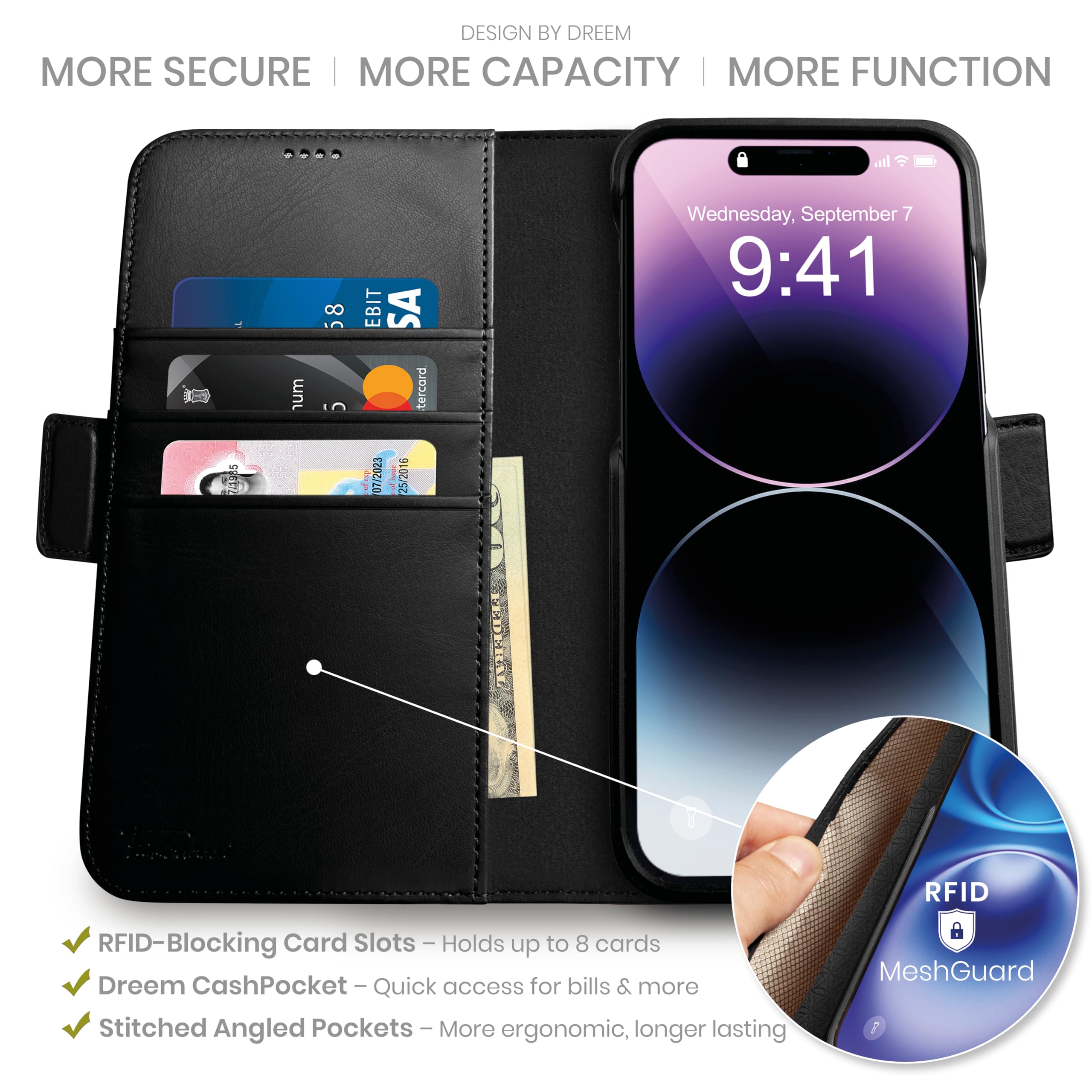 Dreem Fibonacci iPhone 14 Pro Geldbörsen-Hülle / 2-in-1 Stoßfestes MagSafe Case und abnehmbares Luxus-Vegan-Leder-Folio mit RFID-Kartenschutz und Ständer; für Frauen und Männer - Schwarz