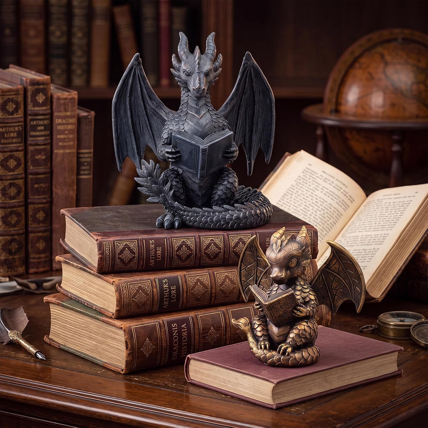 Tondiamo 2 Pcs Dragon Bookends Black Gold Resin Fantasy Statues,Sitting image 3