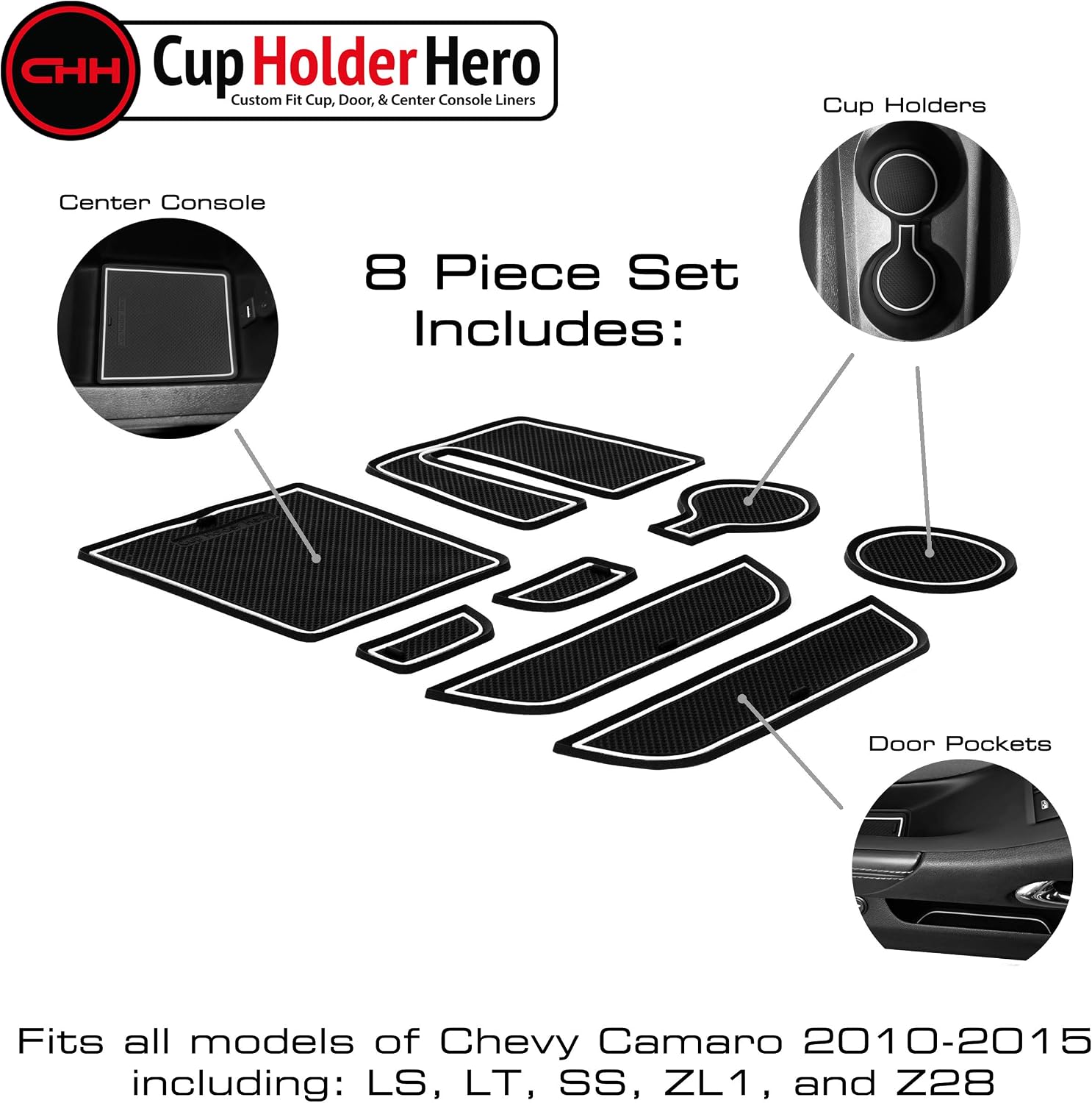 CupHolderHero for 2010-2022 Chevy Camaro Accessories Premium Custom Interior Non-Slip Anti Dust Cup Holder Inserts, Center Console Liner Mats, Door Pocket Liners 8-pc Set (White Trim)