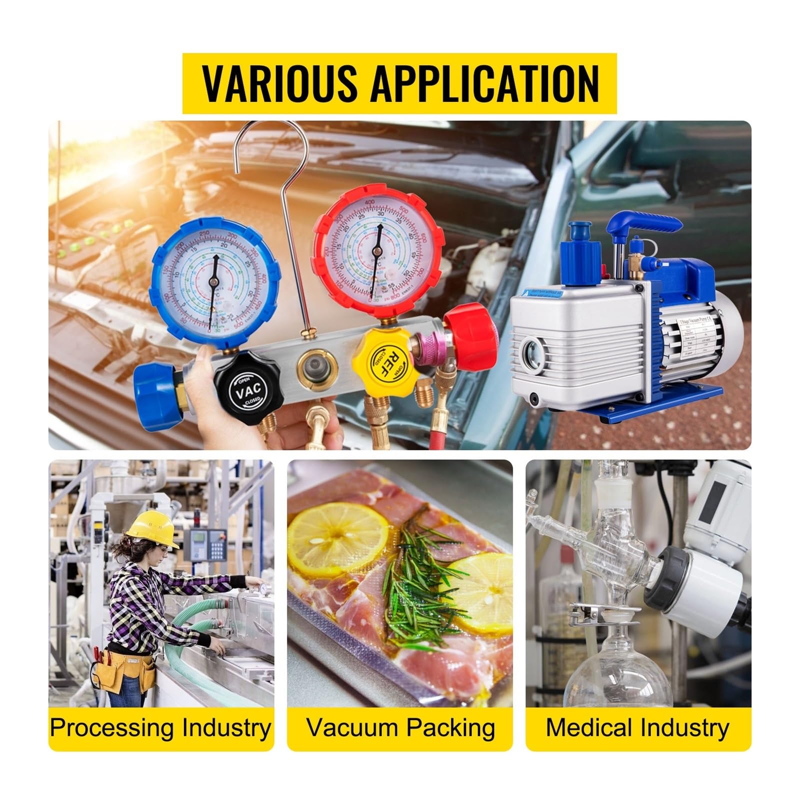 Bomba de vacío, Bomba de vacío, bomba de vacío de refrigerante de CA 4.8CFM con manómetros Refrigeración HVAC Envasado al vacío doméstico Aire acondicionado Mantenimiento de automóviles