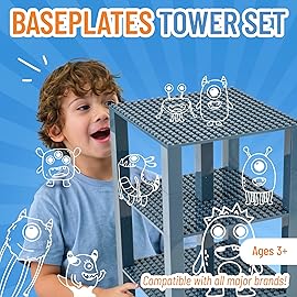 Strictly Briks Stackable Baseplates - Compatible with Lego, 6 x 6 in Baseplates for Buidling Blocks, Display Tower, Expand Vertical Builds, 4 Baseplates & 30 Stakcers, Kids, Charcoal Grey