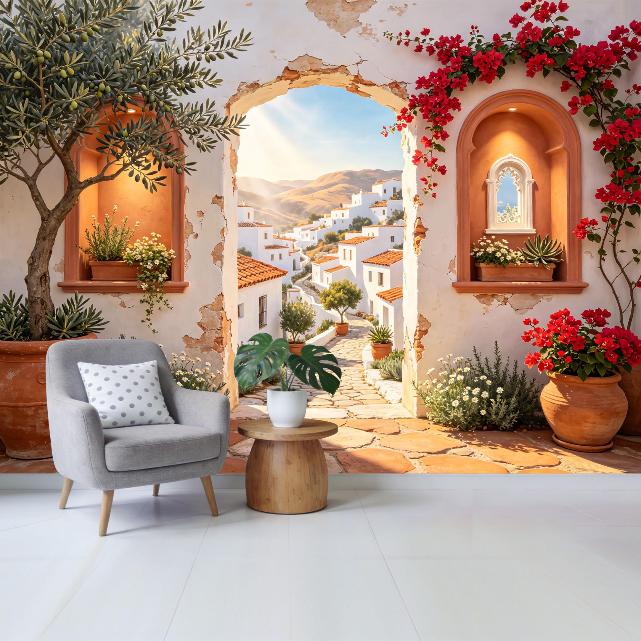 Removable Self Adhesive Fabric Mural， Mediterranean Coastal Village Archway Custom Size Wall Covering， UV Protected Waterproof Washable Wall Decor for Living Room Bedroom Bathroom
