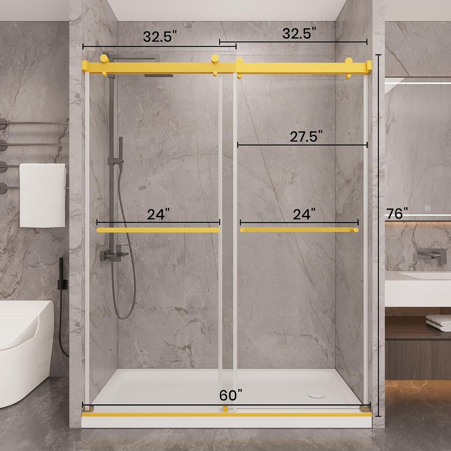 56 to 60'' W x 76'' H Frameless Shower Door, Double Sliding Shower Door with Premium 1/4" (6mm) Thick Tempered Glass, Stainless Steel, Brushed Gold