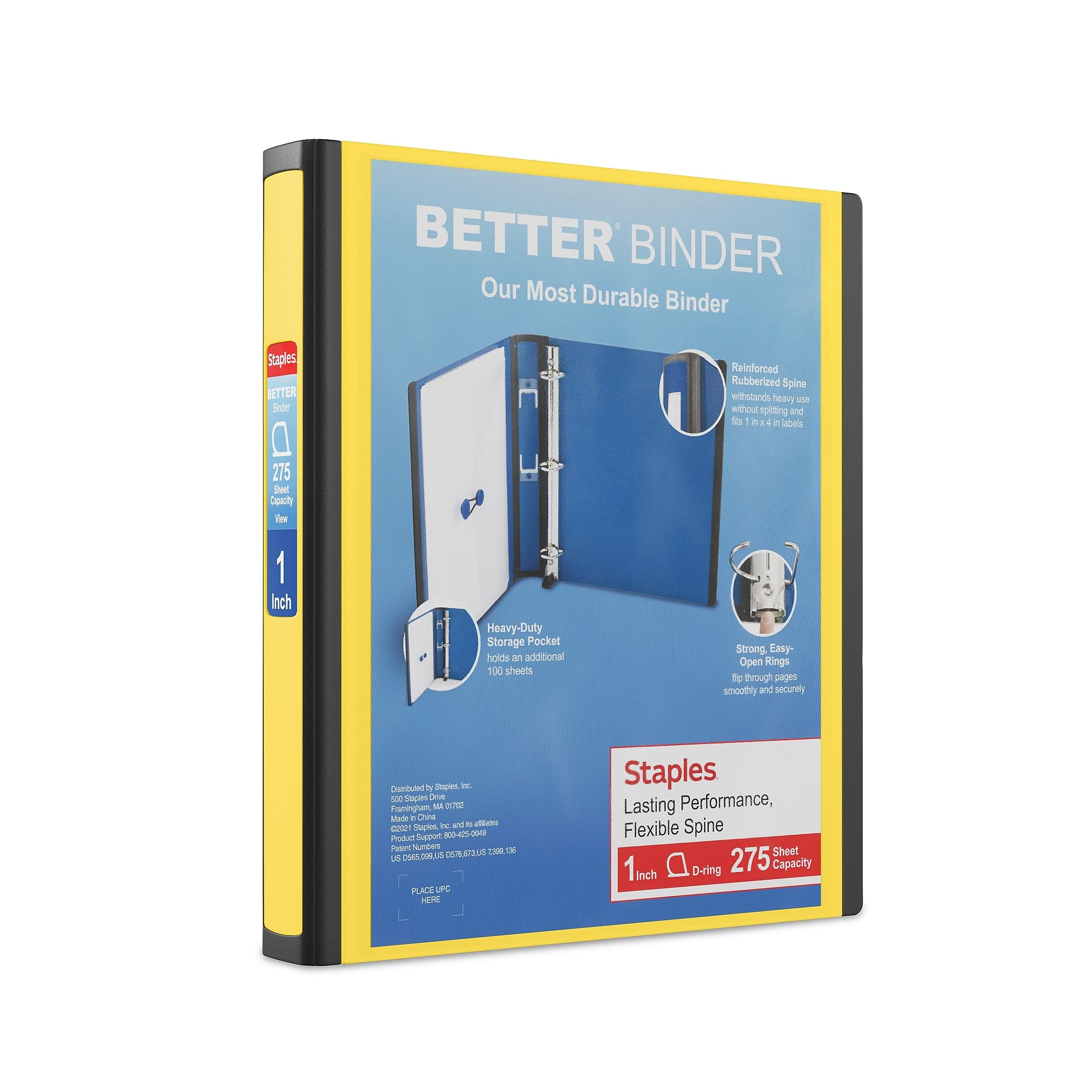 Staples Better Binder, 1" Heavy‑Duty D‑Ring 3‑Ring Binder, Yellow, Reinforced Spine, 275‑Sheet Capacity, Reliable School & Office Binder for Reports &
