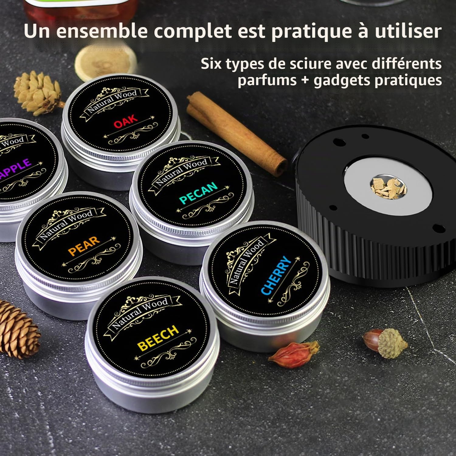 Kit de Fumeur de Whisky Electrique Portable - Kit de Fumée de Cocktail Multifonctionnel Rechargeable avec 6 Puces de Bois (sans Butane) - Briquet Intégré