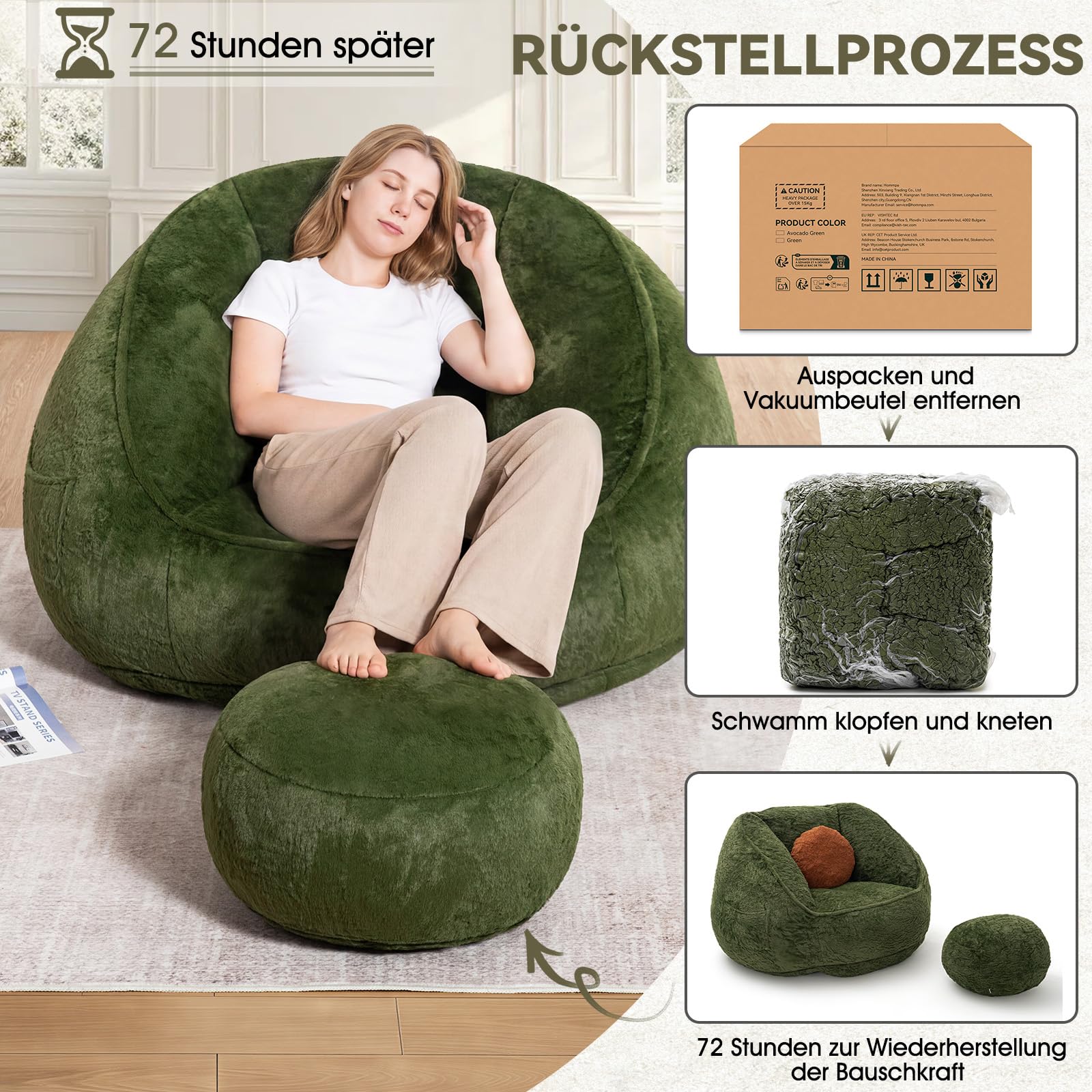 HOMMPA XXL Sitzsack mit Hocker und Füllung für Erwachsene,Grün