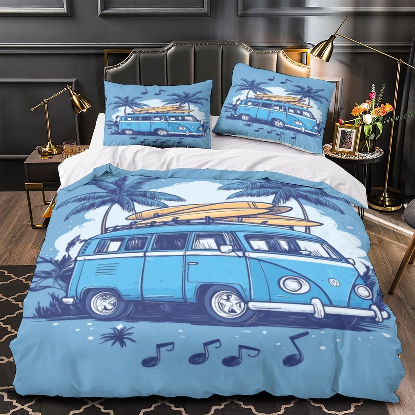 Housse de couette Surf Van rétro décor de plage pour chambre garçon et adolescent