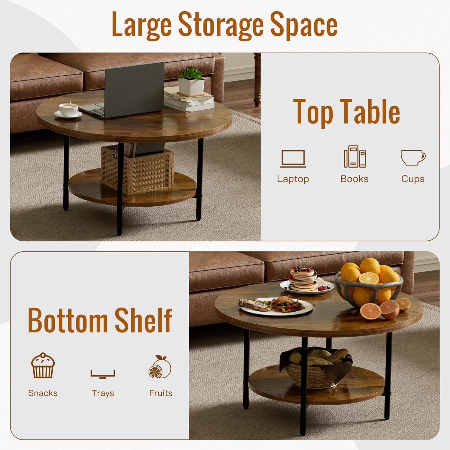 Round Coffee Table, 27.6" Circle Coffee Table for Living Room, 2-Tier Wood Accent Center Table with Open Storage Industrial Design Home Furniture, Rustic Brown