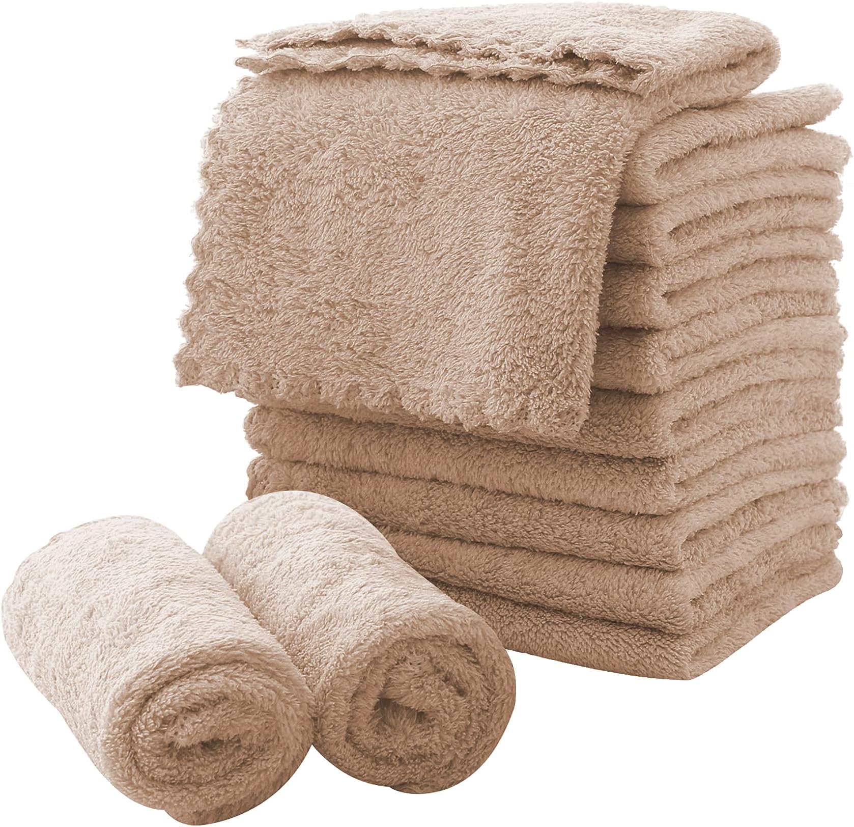 MOONQUEEN Microfiber Facial Cloths Fast Drying Washcloth 12 Pack - Premium Soft Makeup Remover Cloths - Brown