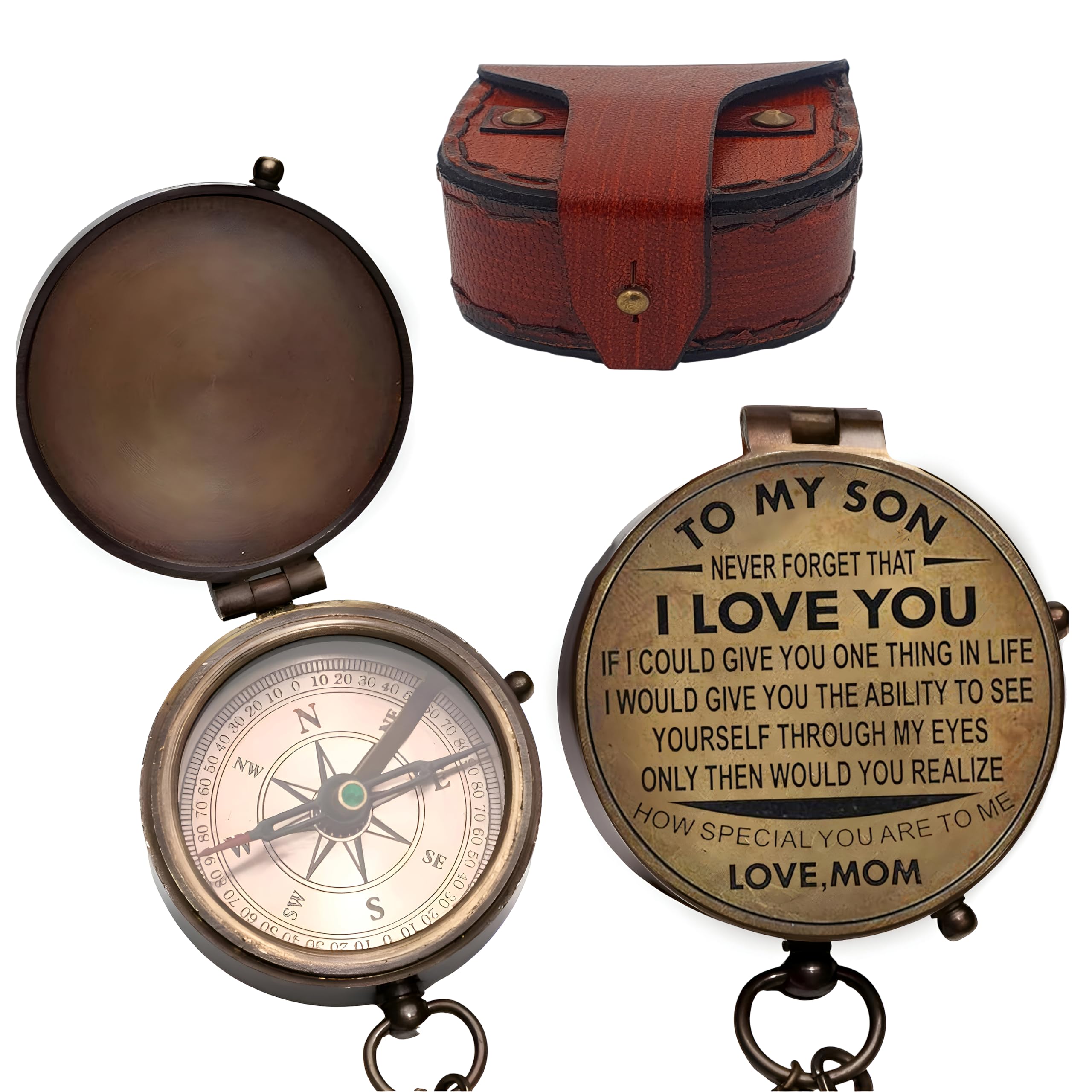 Son Gifts Mom and Dad, My Son - Brújula personalizada de cuero de latón náutico, brújula antigua de bolsillo, regalos de cumpleaños para hijo adulto de mamá y papá, regalos de graduación