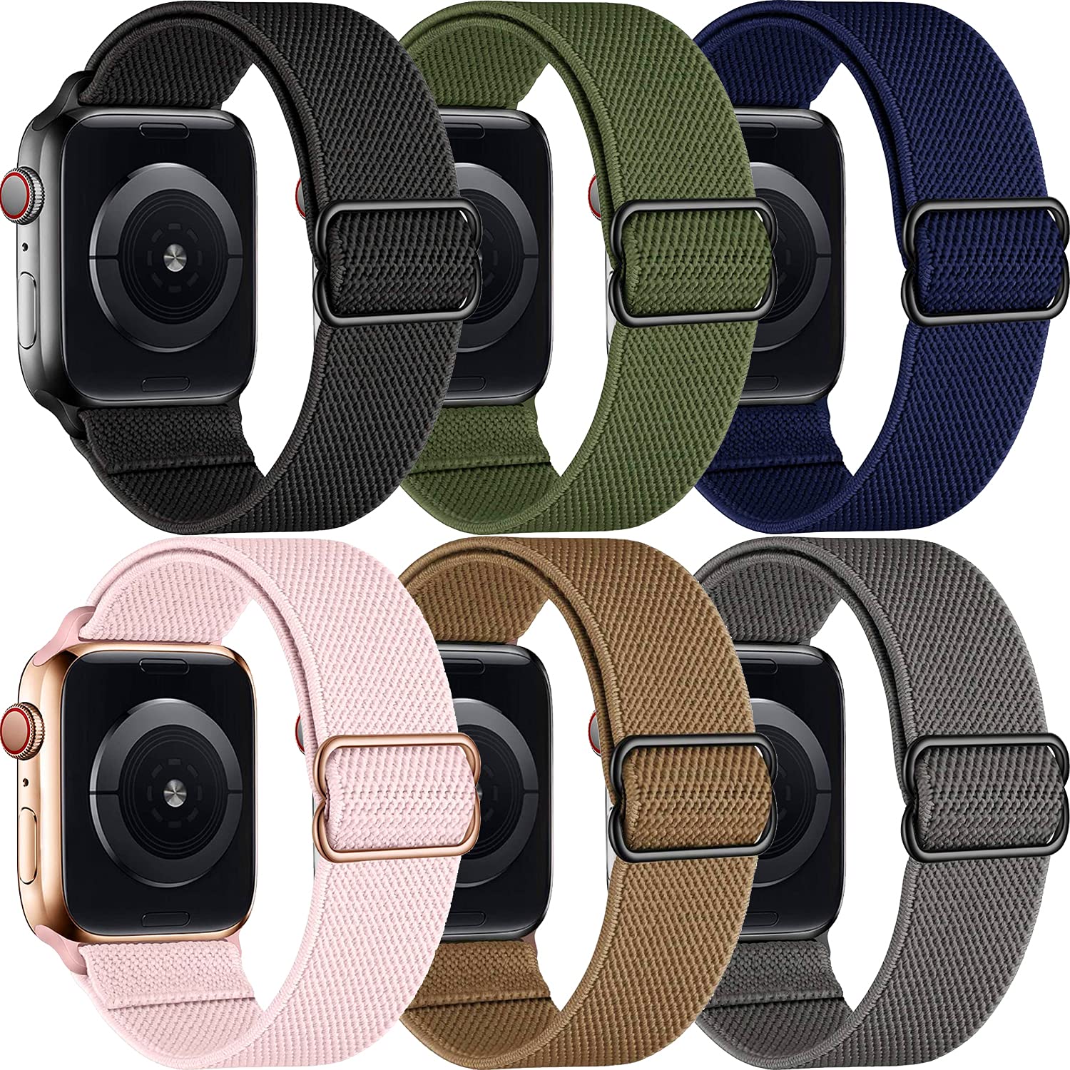 MAZTRON 6-Pack Stretchy Nylon Solo Loop Band Compatible with Apple Watch Band 38mm 40mm 41mm 42mm 44mm 45mm 49mm, Soft Adjustable Braided Strap for iWatch Series Ultra SE 8 7 6 5 4 3 2 1
