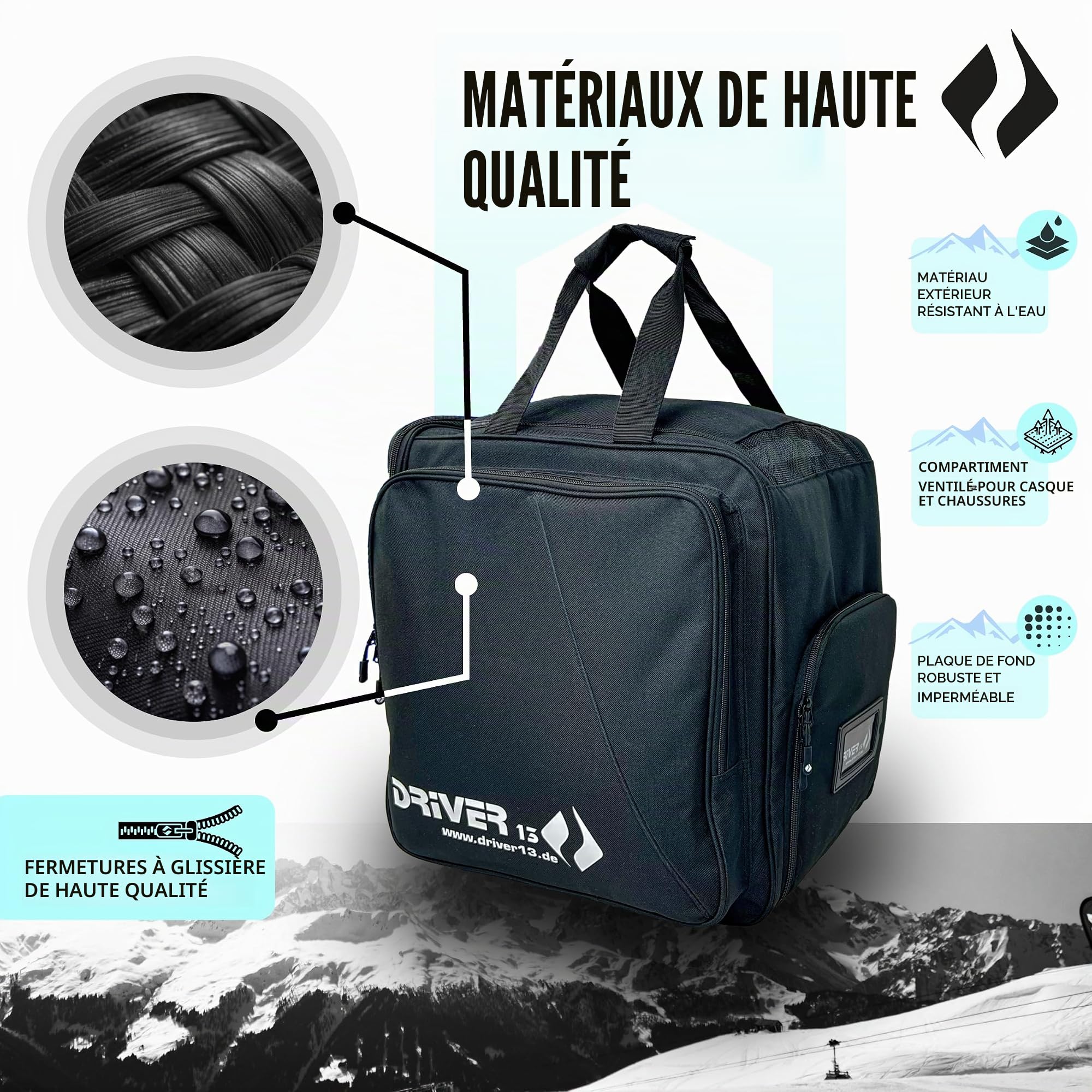 Driver13 Sac à Dos pour Chaussures de Ski avec Compartiment Casque, bootbag Sac à Dos pour Chaussures de Ski, Boots de Snowboard et Rollers, Dimensions 40 x 28 x 44 cm, Noir