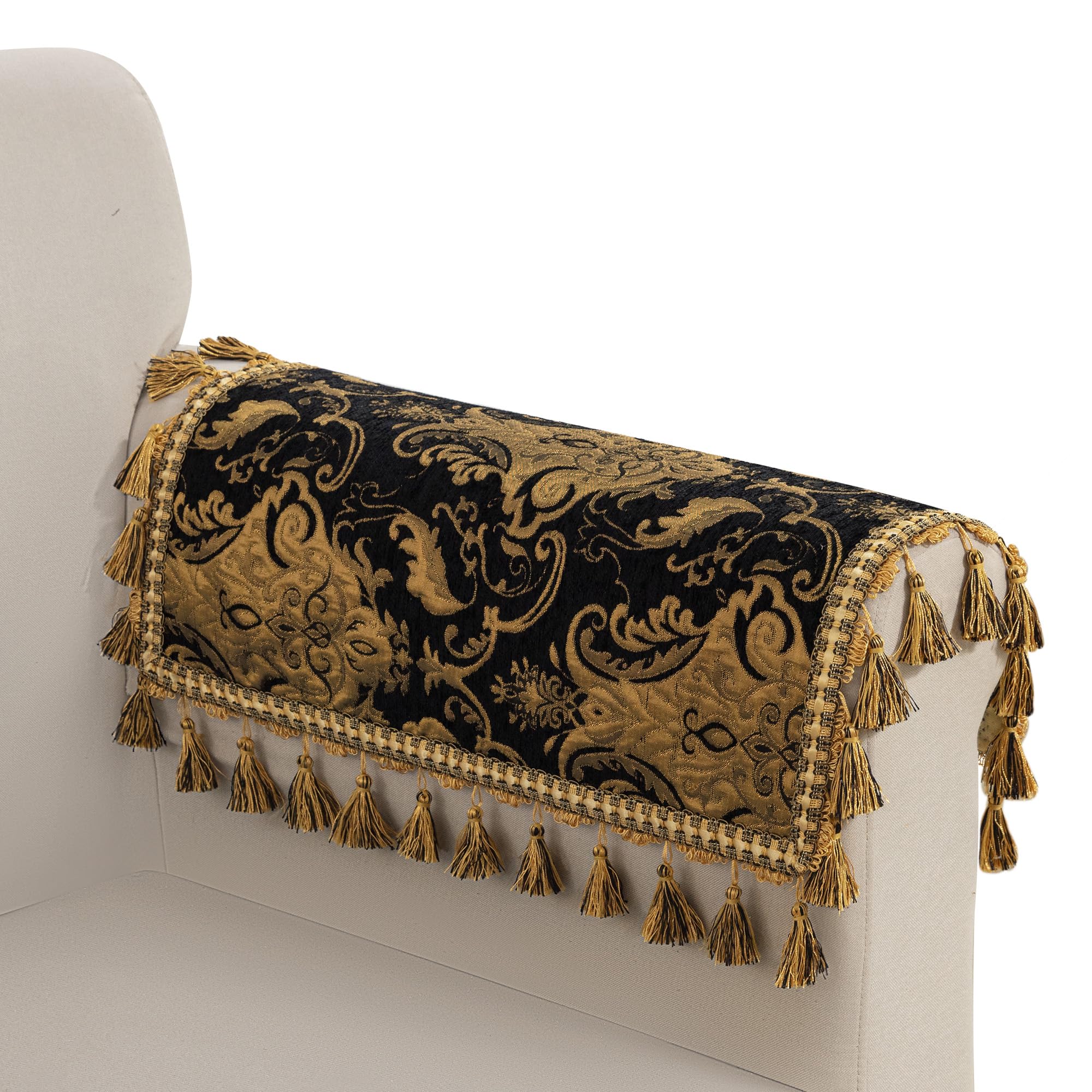 TOPLUXE Sofa Armrest Covers Set of 2, Nonslip Sofa Arm Covers with Tassels, Damask Furniture Protector for Chair Couch Recliner 35x35 cm (Black)