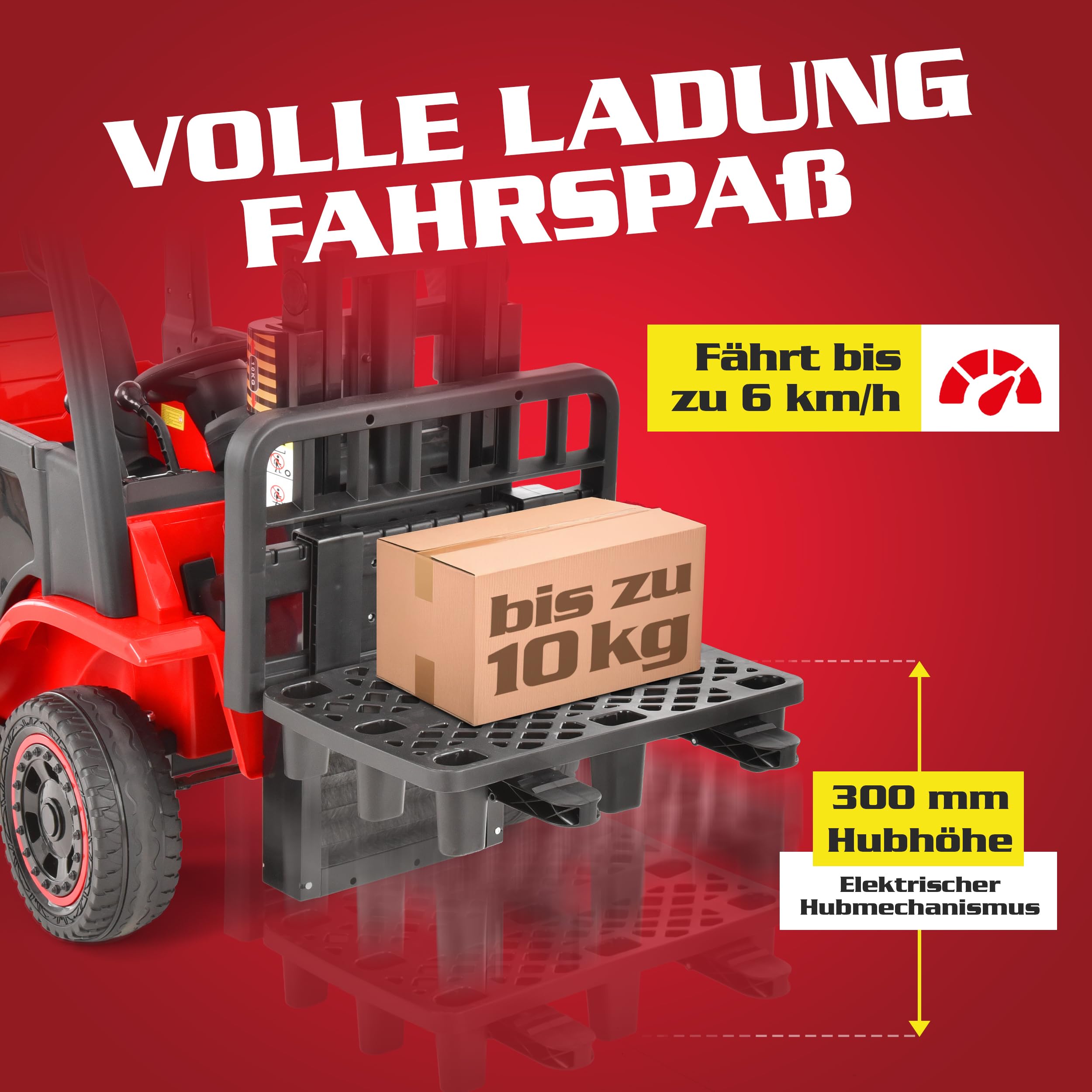 HECHT Kinder Elektro Gabelstapler 12V rot mit Fernbedienung | 2x40 W Motoren, ferngesteuertes Kinderfahrzeug ab 3 Jahre, bis 6 km/h, inkl. Palette und 35 kg Traglast