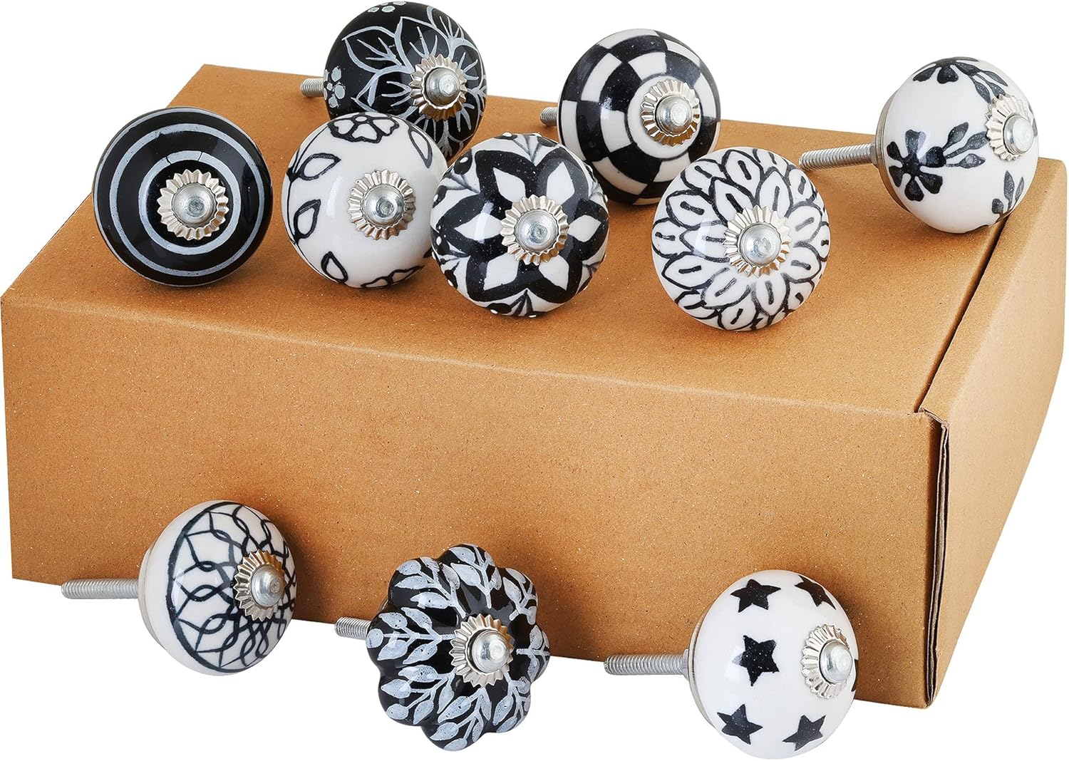 Set of 10 Black & White Vintage Ceramic Knobs | Modern Drawer Knobs | Trendy Cabinet Door Knobs | Simple Hardware for Kitchen, Bathroom Cabinets & Dressers | Stylish Pulls