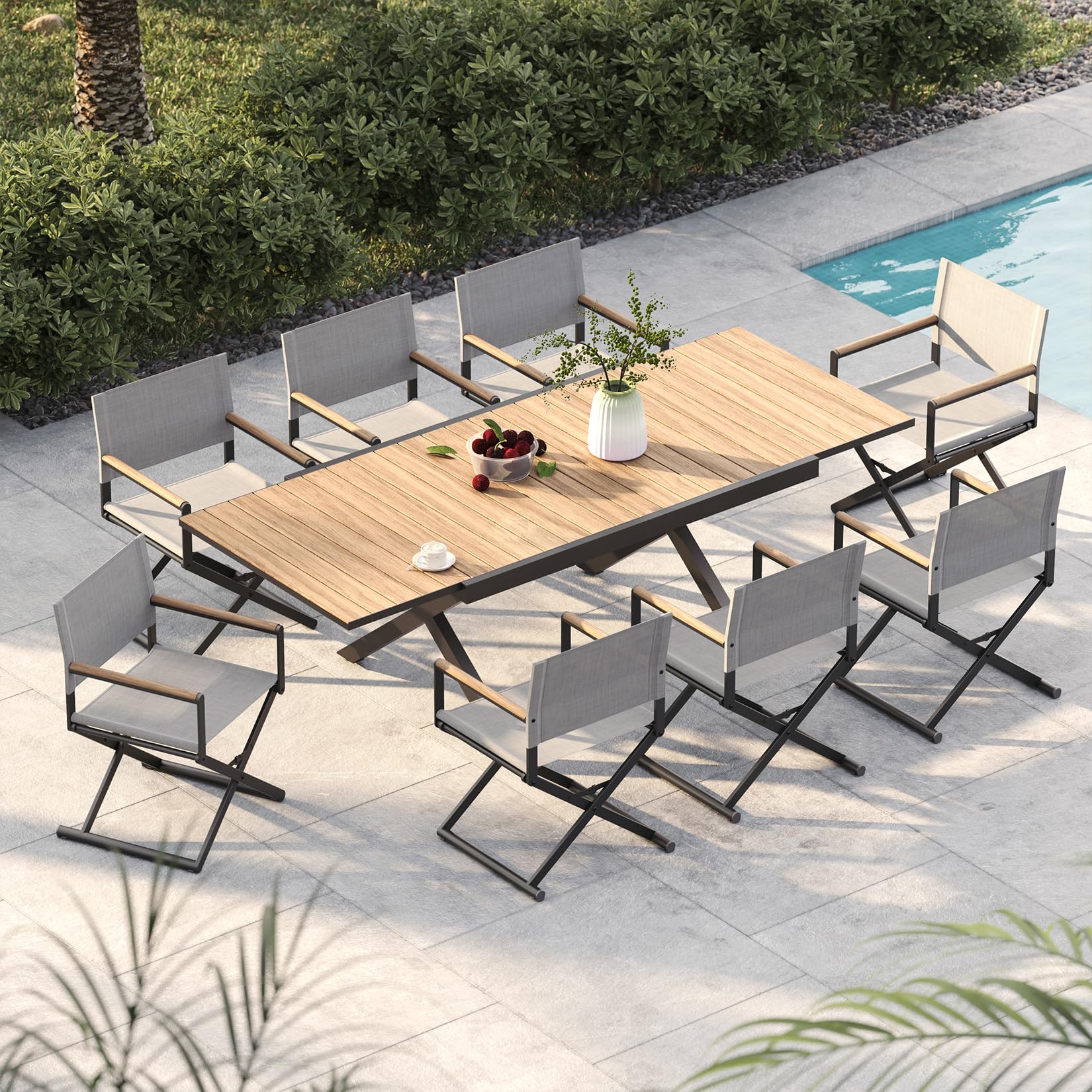 Grand patio 9-Piece Outdoor Dining Set, 8 Extra-Wide Folding Chairs & 1 Rectangle Expandable Table for 6-8 Person, Sling Mesh Patio Chairs with Wood Grain Table for Yard, Poolside, Deck, Gray