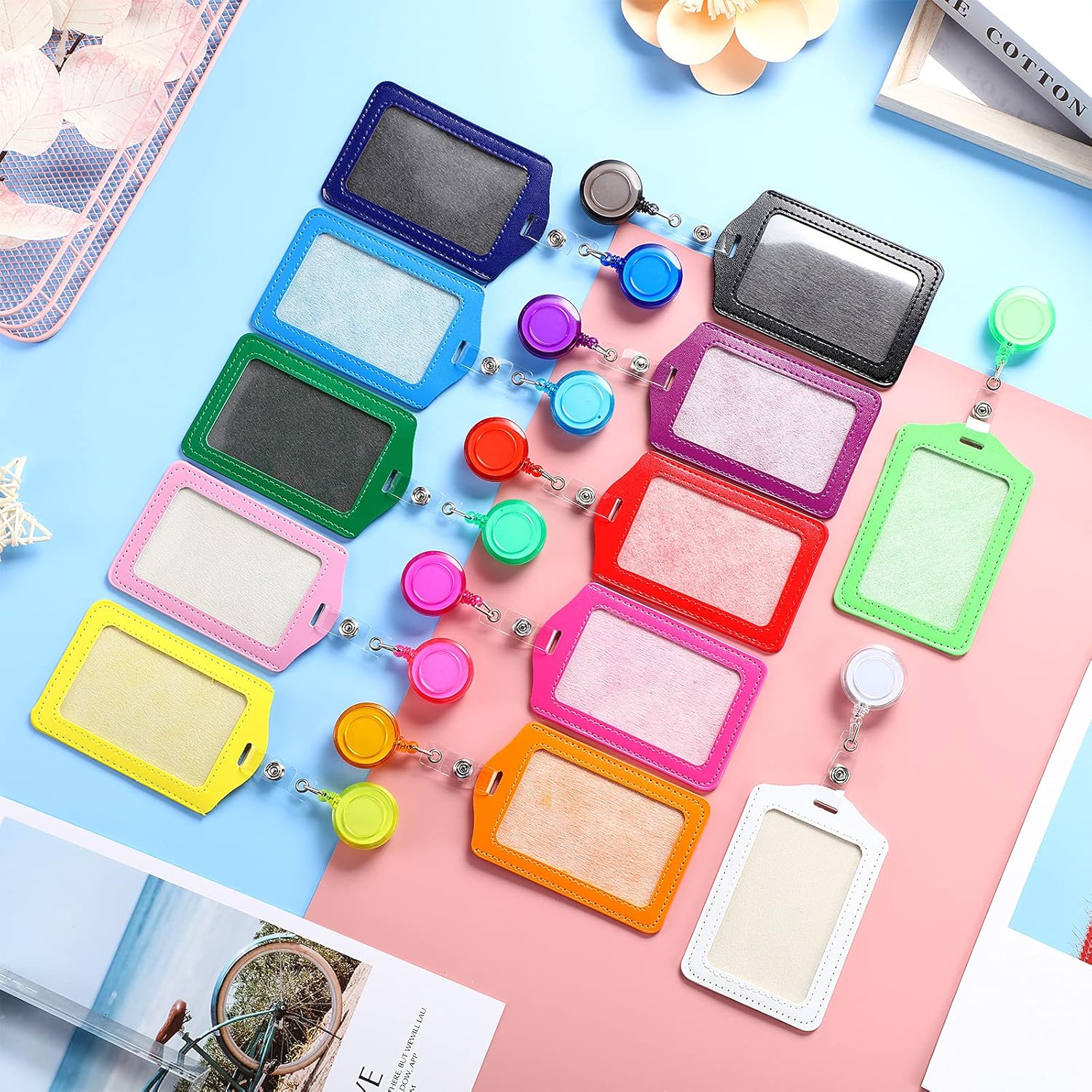 24 Sets Retractable Badge Reels Multi-Color Name Badge Holder PU Leather Business ID Badge Holder Decorative ID Card Holder with Clip for Students, Teachers, Nurses, Doctors (Vertical) : Office Products