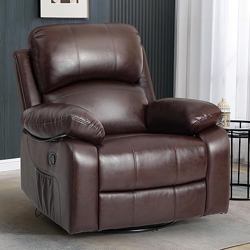 YITAHOME Rocker Recliner Chair with Heat & Massage, Faux Leather Recliner with Overstuffed Armrest, 360° Swivel, Manual Reclining, Rocking Function & Side Pocket for Living Room,Brown1