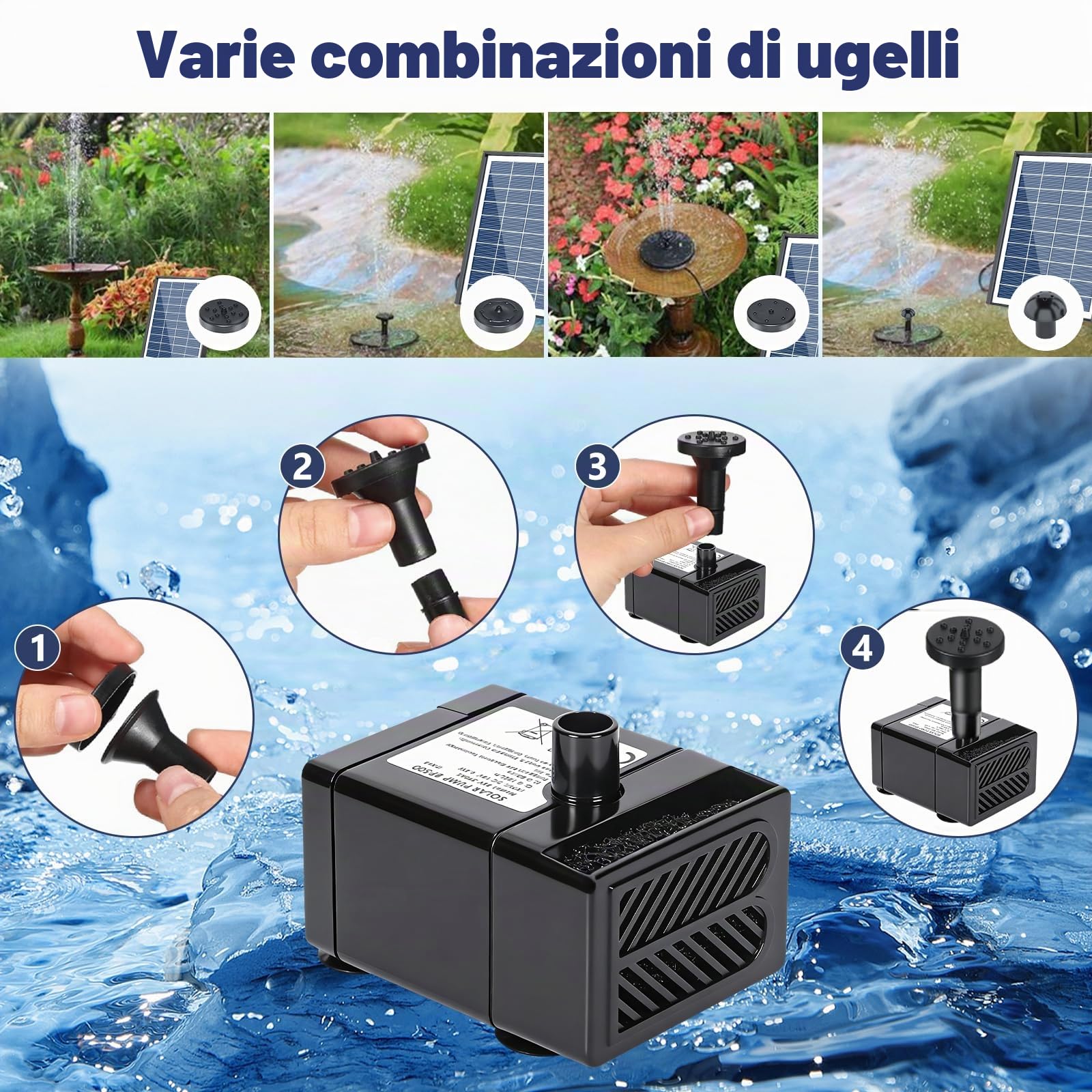 Fontana Solare 6,5W, Pompa Solare per Fontane, Kit Fontana per Laghetto con Pannello Solare con 9 Effetti Ugelli, per Laghetto da Giardino, Bagno degli Uccelli, Vasca per Pesci, Piscina