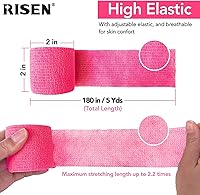 Vista 3 de RISEN Vendaje cohesivo de 2 pulgadas x 5 yardas, 6 rollos, cinta médica autoadherente, gasa adhesiva flexible y transpirable, ideal
