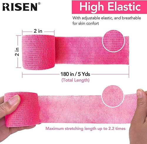 Miniatura 3 de RISEN Vendaje cohesivo de 2 pulgadas x 5 yardas, 6 rollos, cinta médica autoadherente, gasa adhesiva flexible y transpirable, ideal para