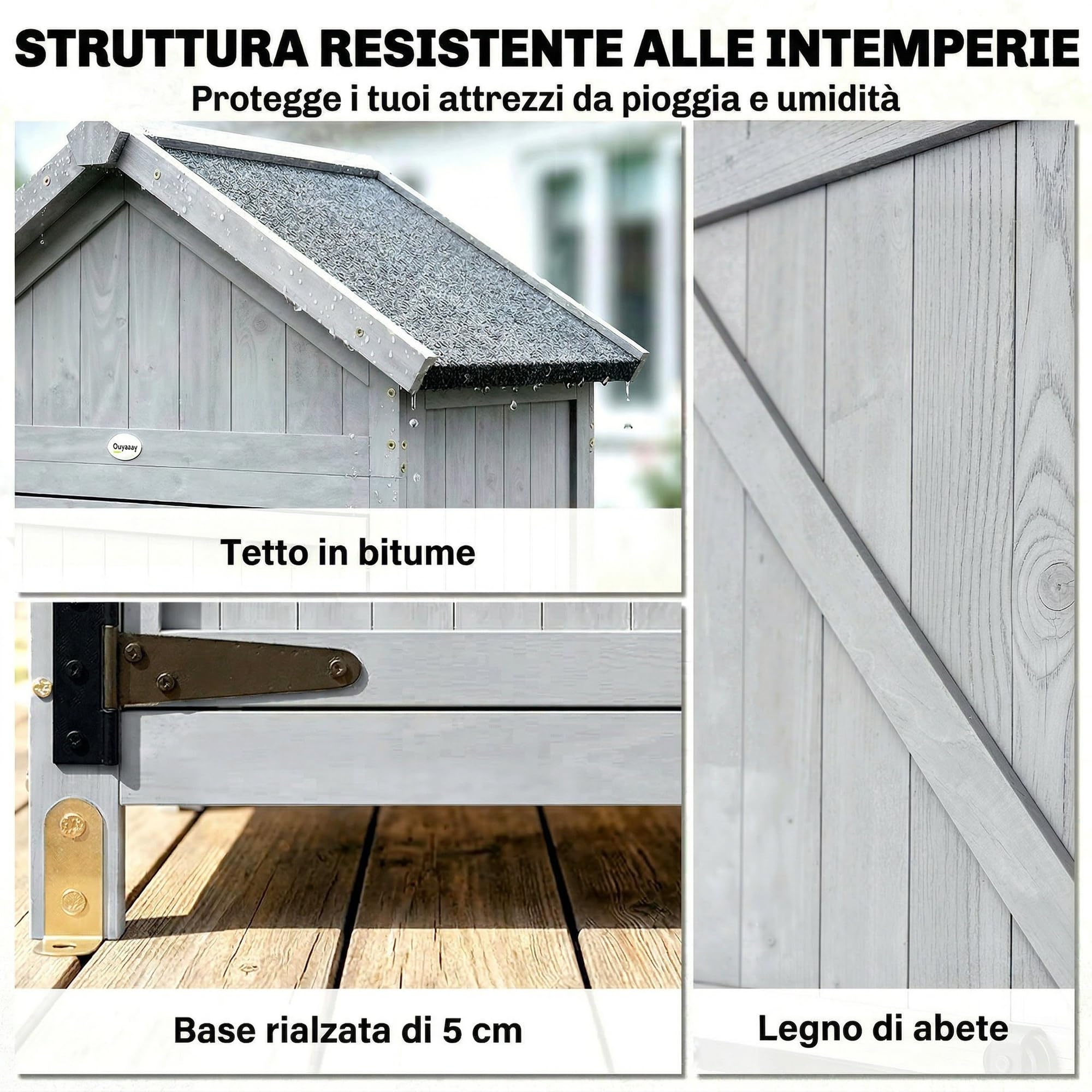 Outsunny Armadio da Giardino in Legno Abete, Casetta Attrezzi Giardino con Banco Lavoro Ribaltabile, Ripiani, Tetto Inclinato Asfalto, Capanno Porta Attrezzi per Esterno, 77x52.5x178 cm, Grigio