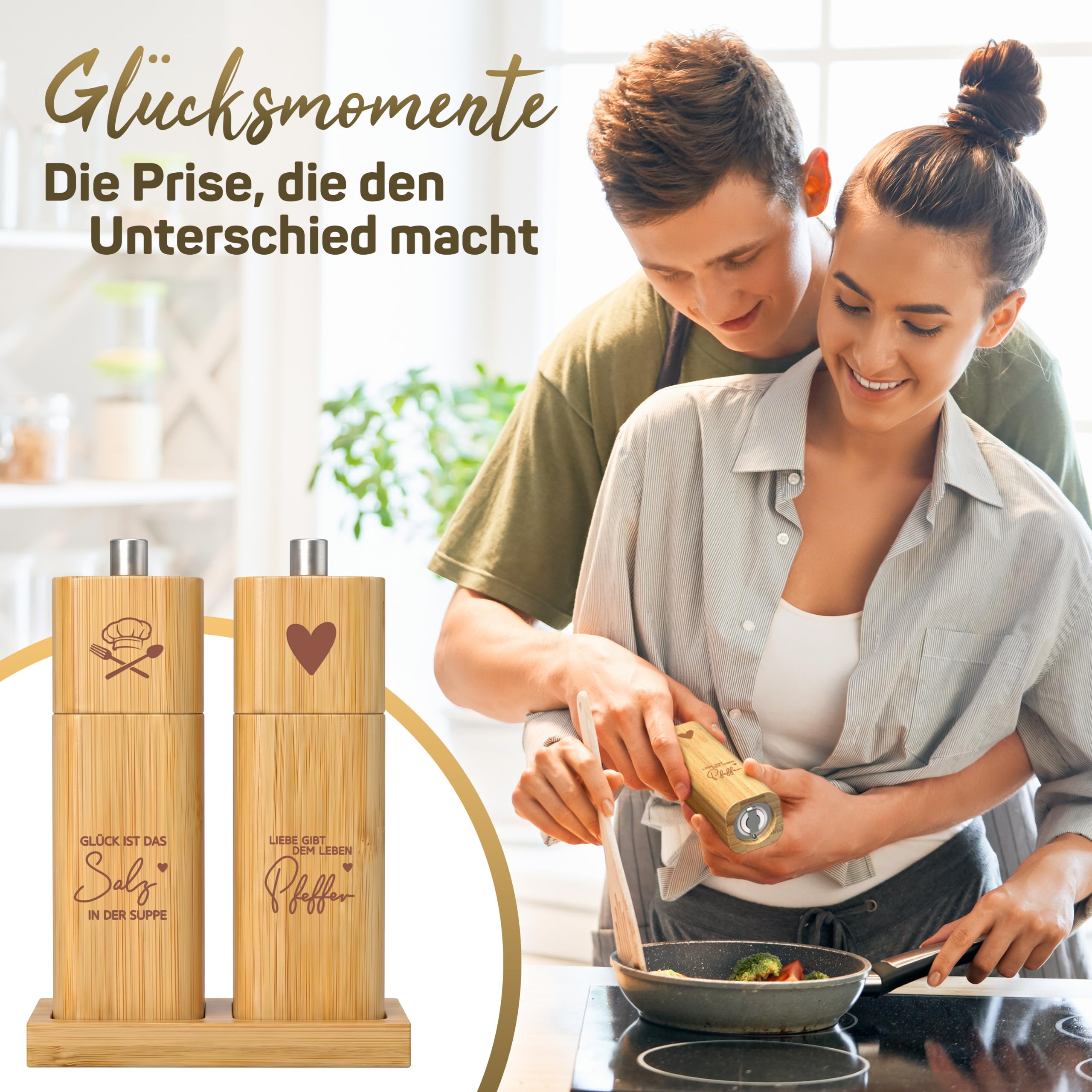 ELBFUCHS® Salz und Pfeffermühle Holz Groß [PERFEKTE GESCHENKIDEE] Liebevolles 2-er Set Pfeffer und Salzmühle mit Keramikmahlwerk | Ideal für Hölzerne Hochzeit Geschenk Einzug, Polterabend